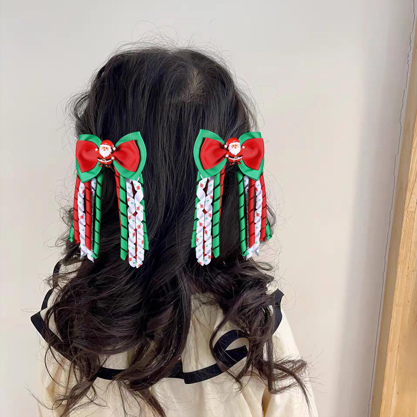 Christmas Red White Green Ribbon Hair Bows Clip Girls Santa Claus Cheer Bowknot Korker Curly Alligator Barrette Pins Kids Xmas H