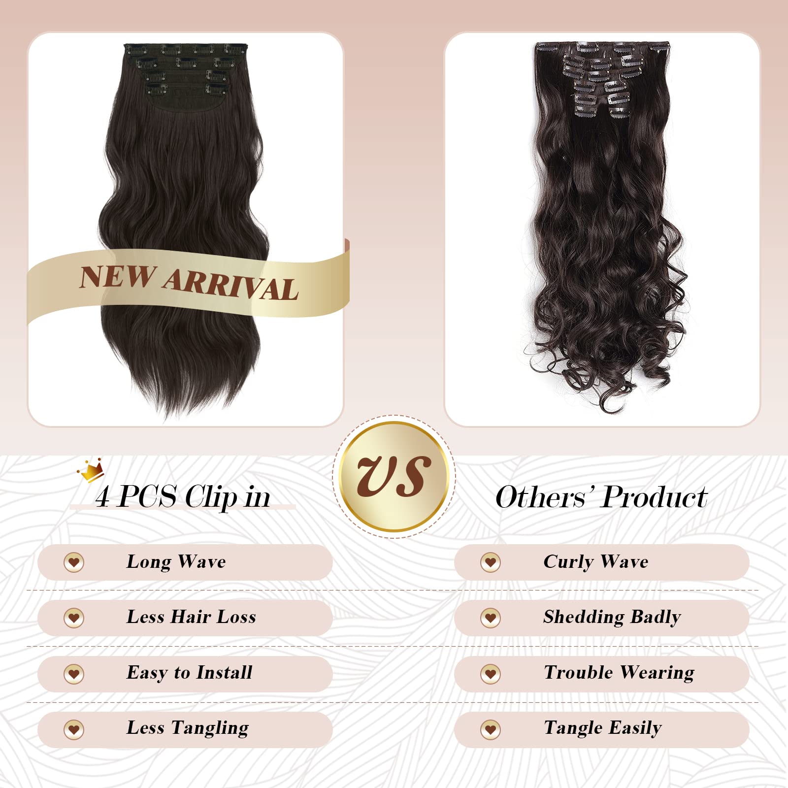 FESHFEN Clip in Hair Extensions - 4 PCS Long Wavy Thick Clip in Hairpieces Full Head Synthetic Hair Extension for Women, 20 Inch