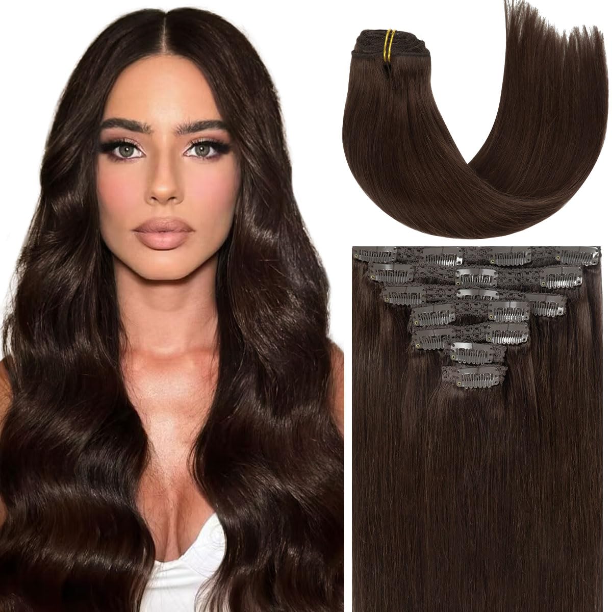 Caliee Clip in Hair Extensions Human Hair 2A Light Dark Brown Clip in Real Hair Double Weft Invisible Long Straight Remy Clip in