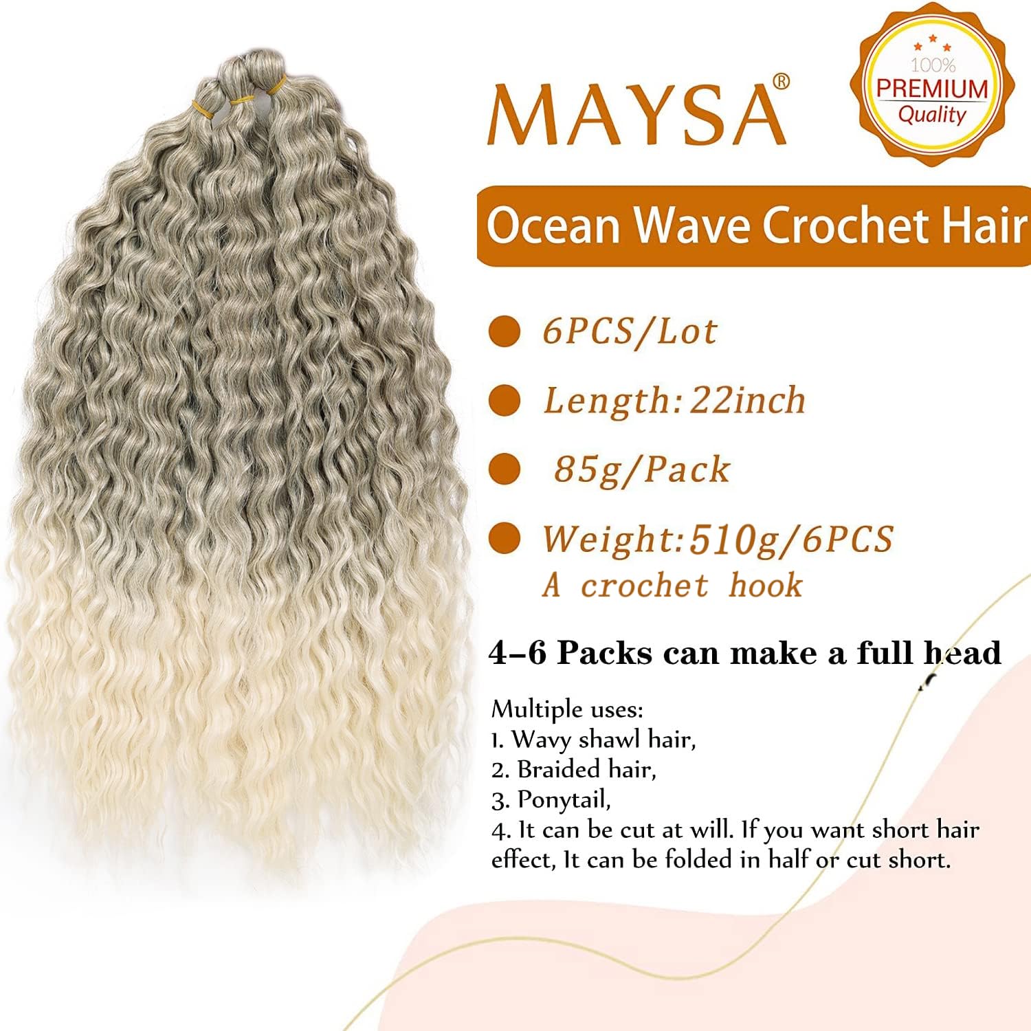 Maysa Ocean Wave Crochet Hair Extensions, Synthetic Brown Curly Braiding Crochet Hair, 22 Inch 6Packs Ombre Crochet Hair Extensi