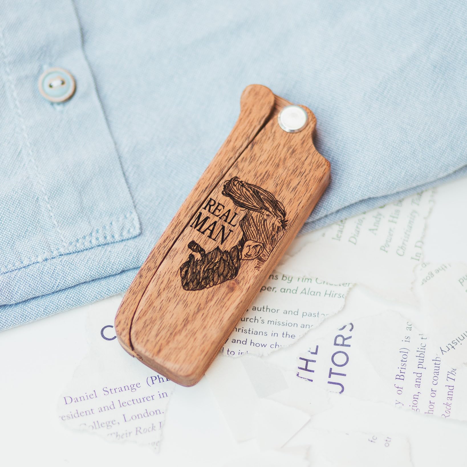 Enjoy The Wood Beard Comb For Men - Pocket Folding Combs For Mustache & Hair Travel, Natural Wooden Comb With Real Man Engraving