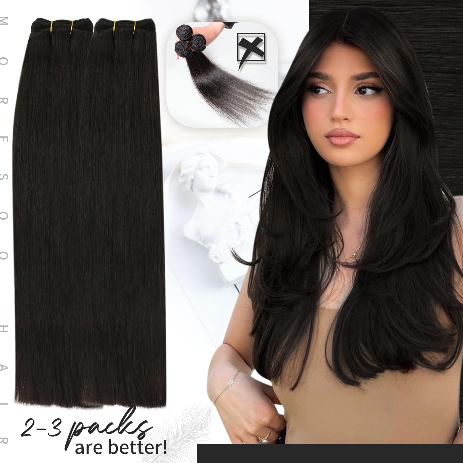 Moresoo Sew In Hair Extensions Real Human Hair Darkest Brown Weft Hair Extensions Human Hair Remy Double Weft Sew In Extensions