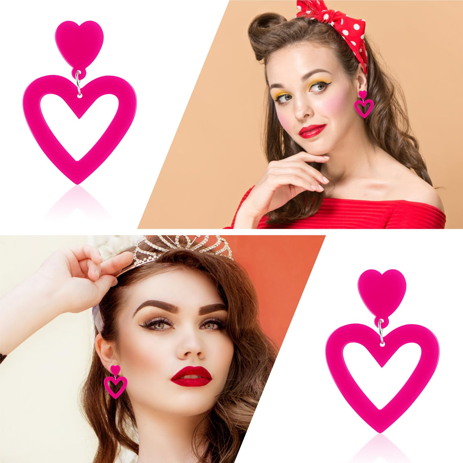 Hot Pink Heart Earrings for Women Double Heart Earrings Acrylic Heart Earrings Hot Pink Earring Love Heart Shaped Earrings Dangl