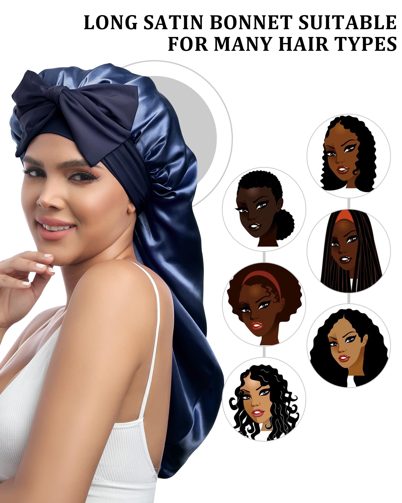 Awaytr Long Satin Bonnet For Sleeping - Double Layer Reversible Silk Bonnet For Long Hair Women Sleeping Cap With Tie Band (Navy