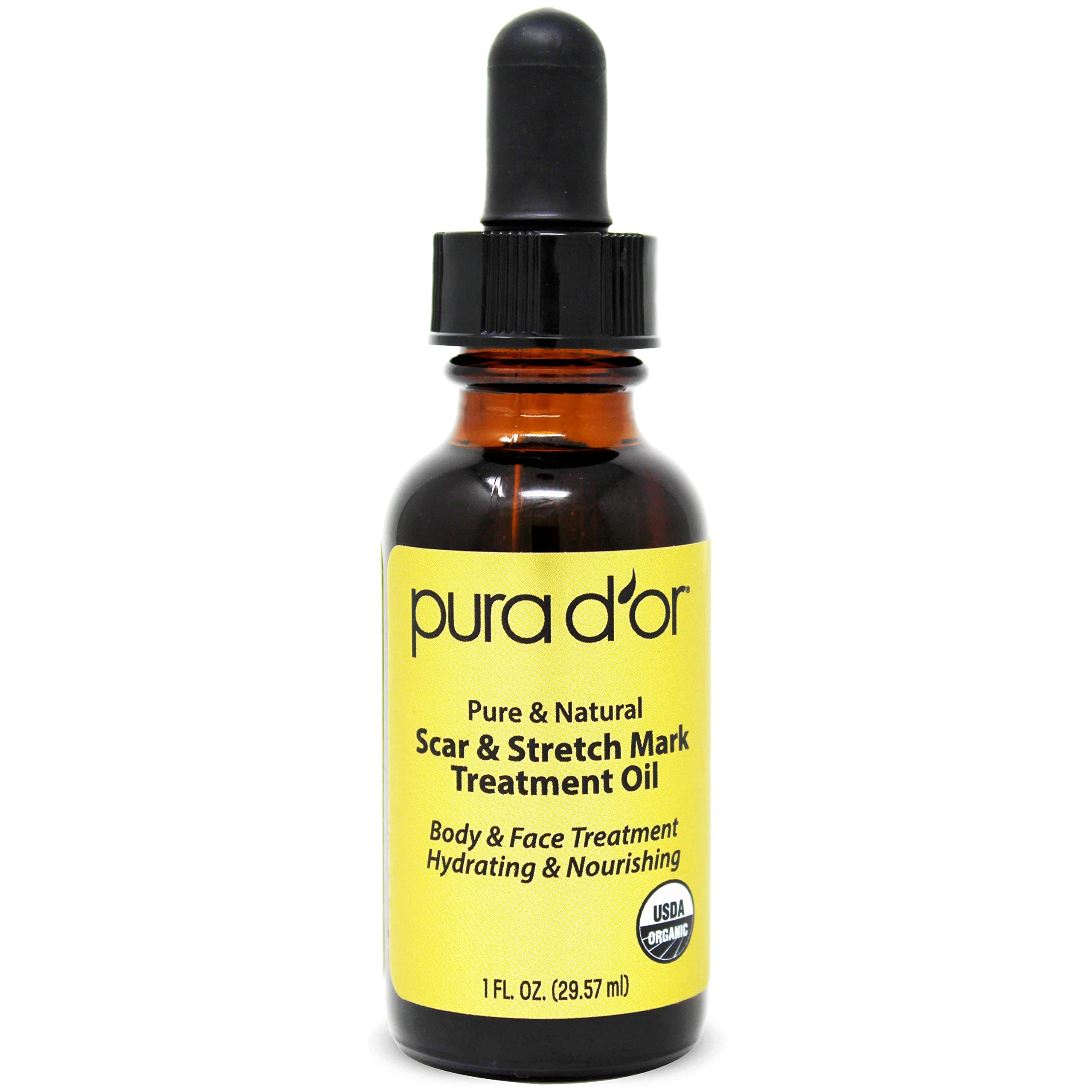 PURA D'OR Organic Scar & Stretch Mark Treatment Oil (1oz) For Skin - With Rosehip, Wheat Germ, Argan, Tamanu, Carrot, Rosemary, 