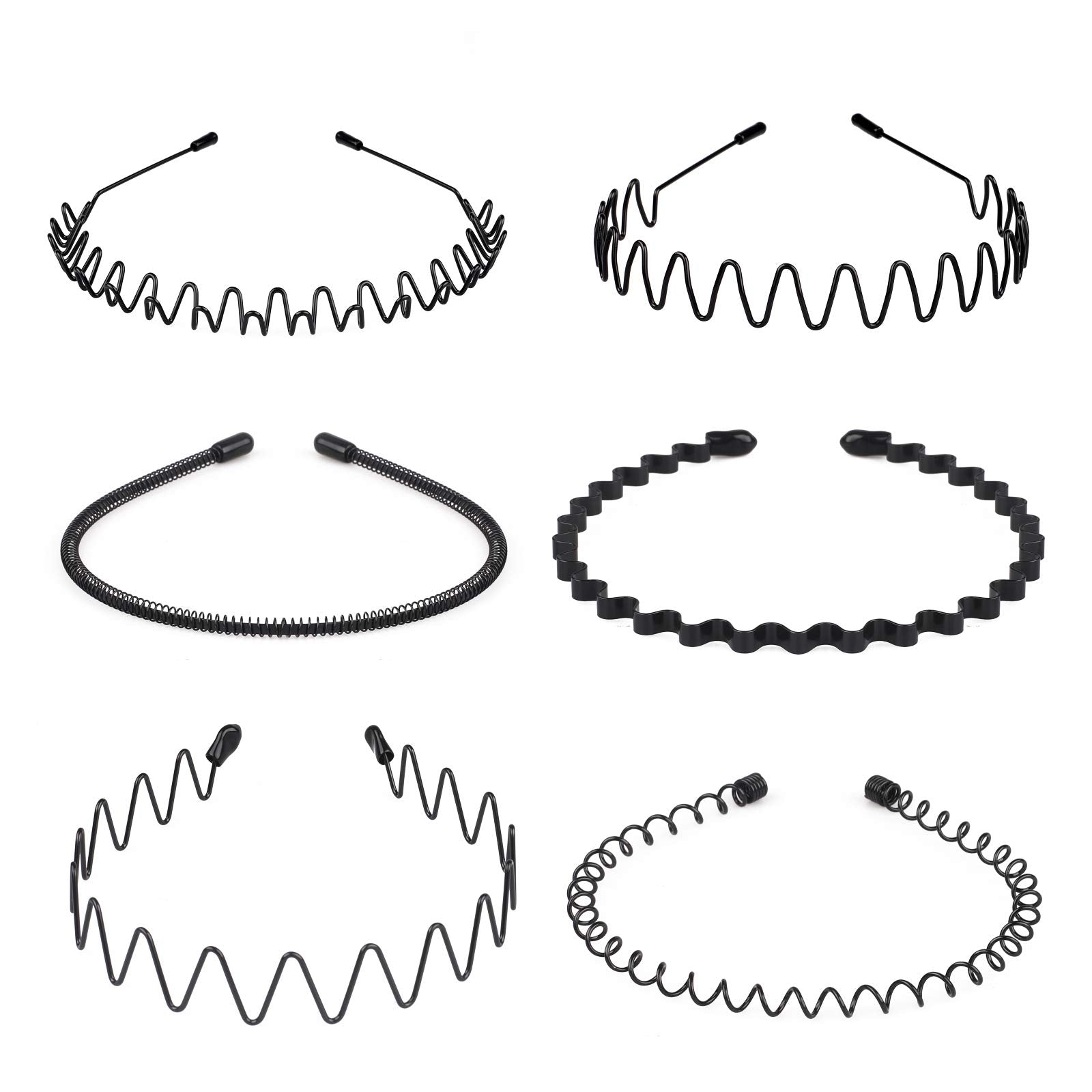 fenshine 6PCS Metal Hair Bands, Spring Wavy Hoop Unisex Black Headband Slicked Back Non Slip Sports Hairband for Women Men