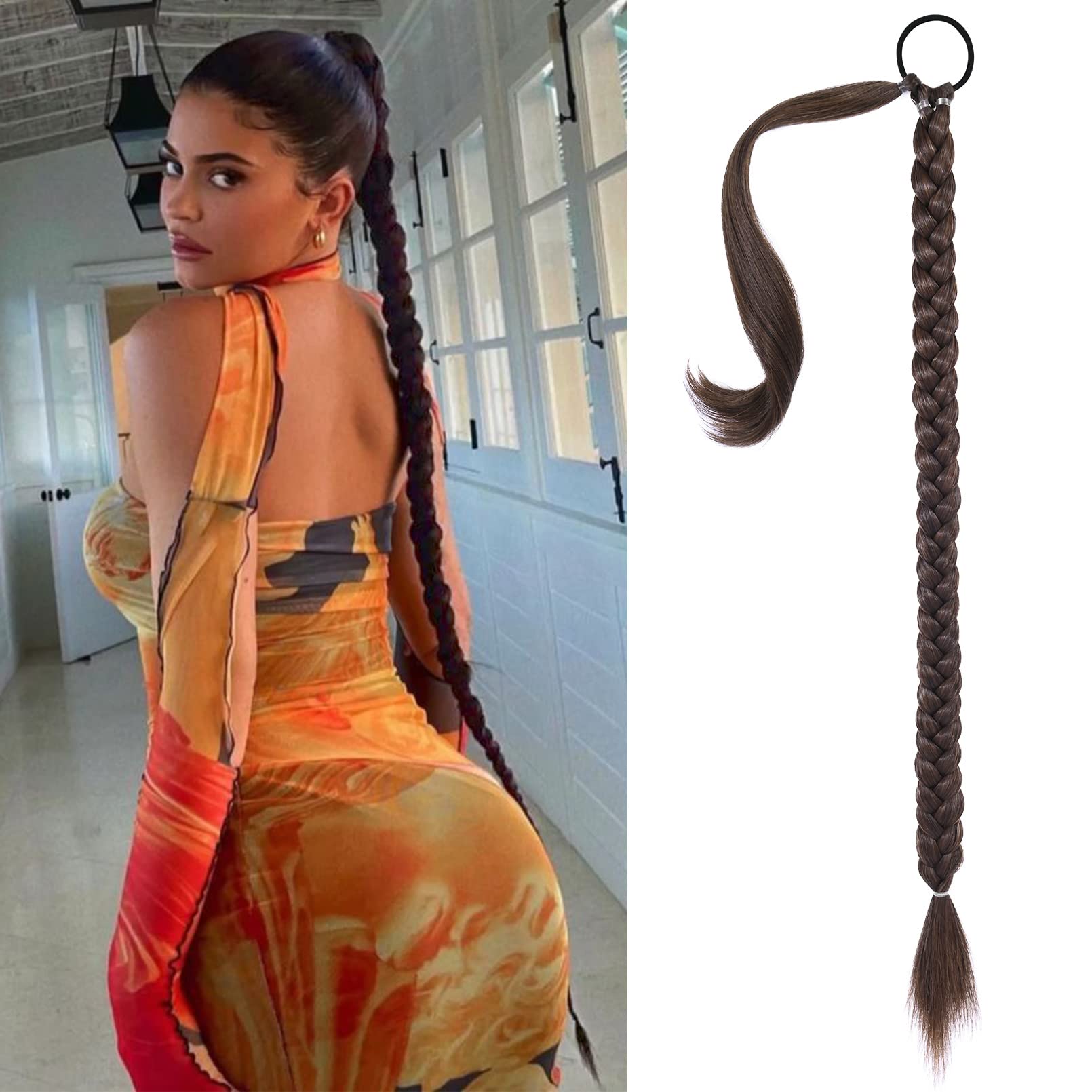 SEIKEA Long DIY Braided Ponytail Extension with Hair Tie Straight Wrap Around Hair Extensions Ponytail Natural Soft Hair Piece D