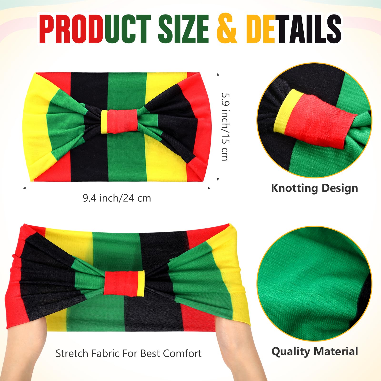 Hoteam 4 Pcs Juneteenth Headbands African Jamaica Rasta Juneteenth Knotted Elastic Headband Red Black Green African Turban for W