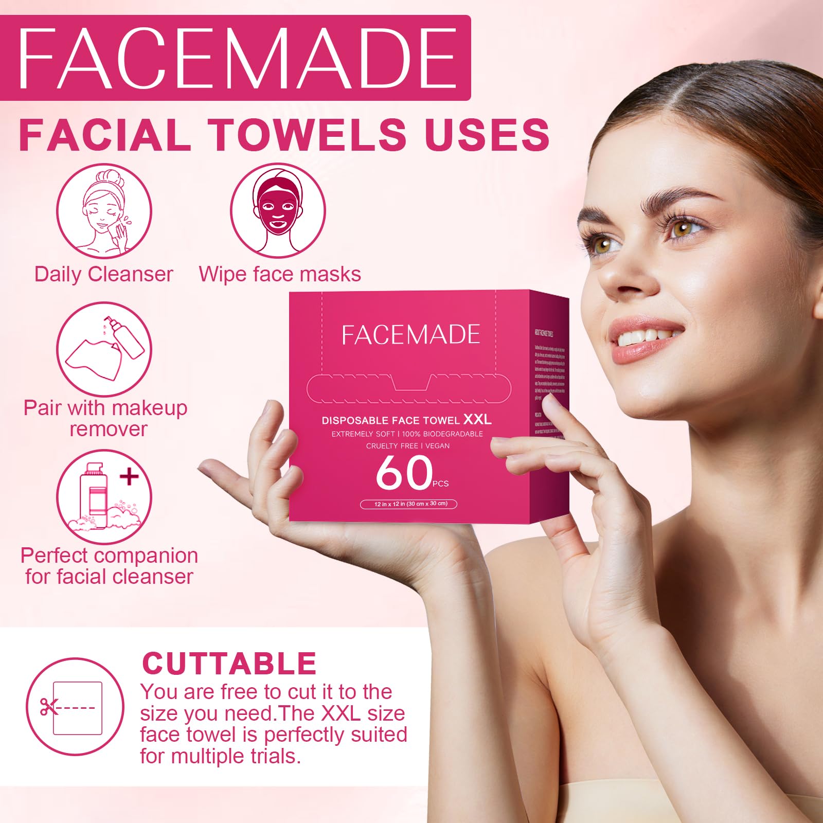 Facemade 60 Ct Disposable Face Towels Xxl, Face Towelettes For Makeup And Clean, Super Soft And Thick Dry Wipes, Usda Certified