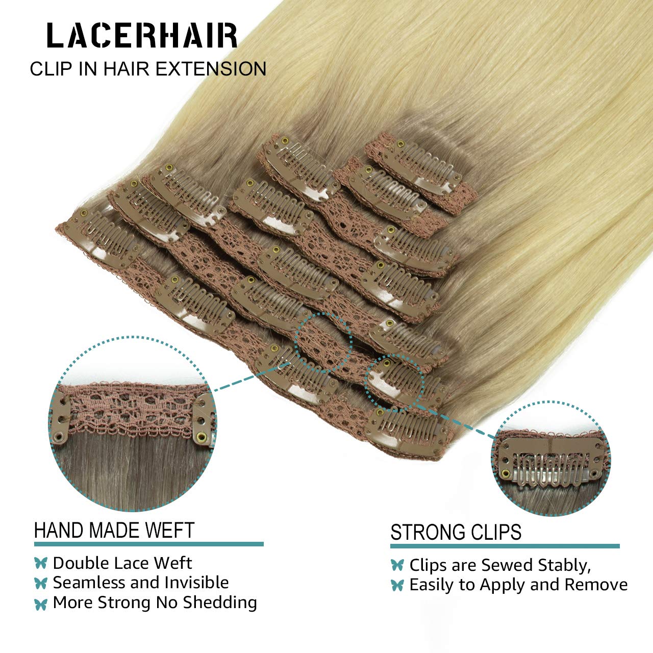 Lacer Blonde Clip In Extensions Real Human Hair Platinum Blonde With Lightest Brown Roots Human Hair Clip Ins 120G With 16 Clips