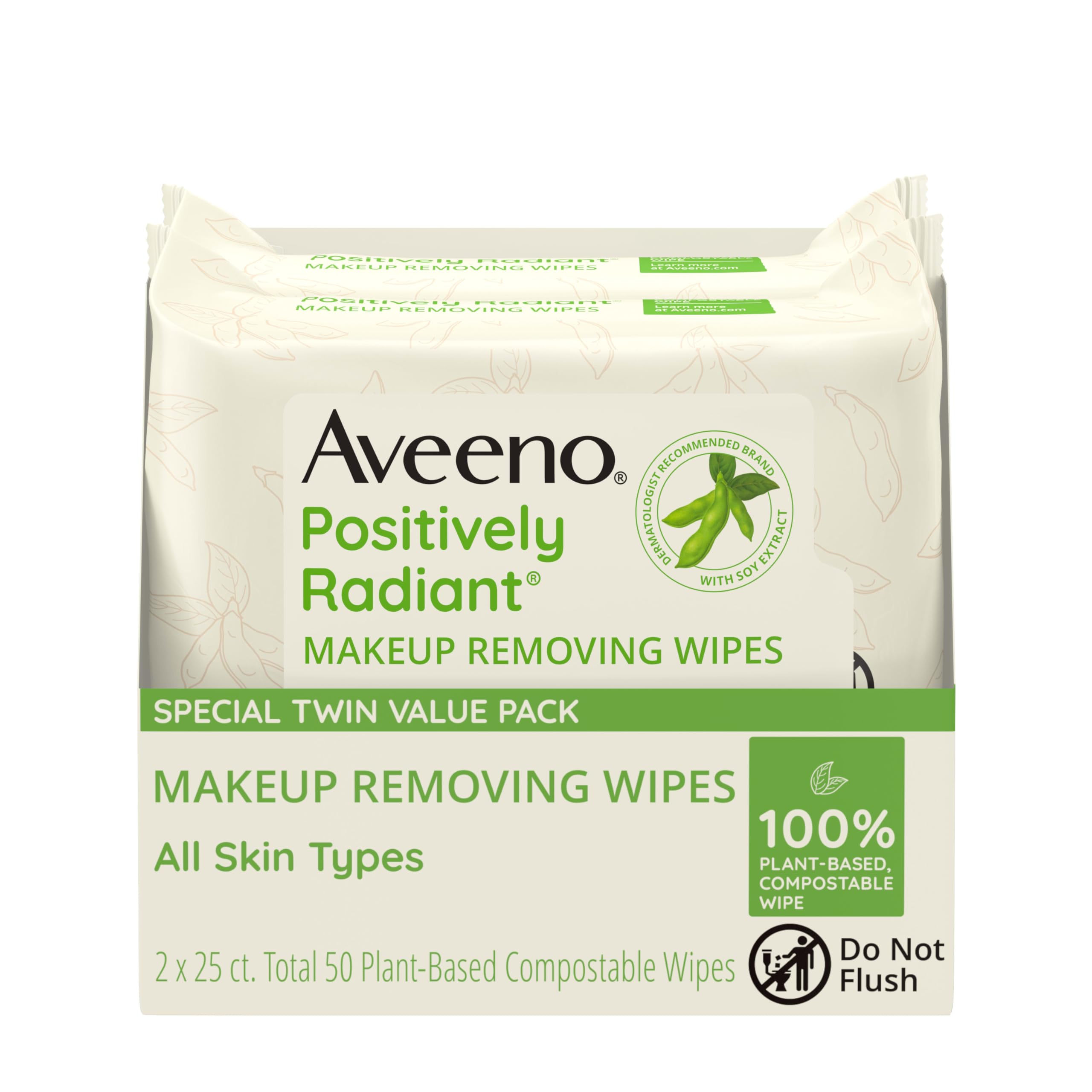 Aveeno Positively Radiant Oil-Free Makeup Removing Face Wipes to Help Even Skin Tone and Texture with Moisture-Rich Soy Extract,