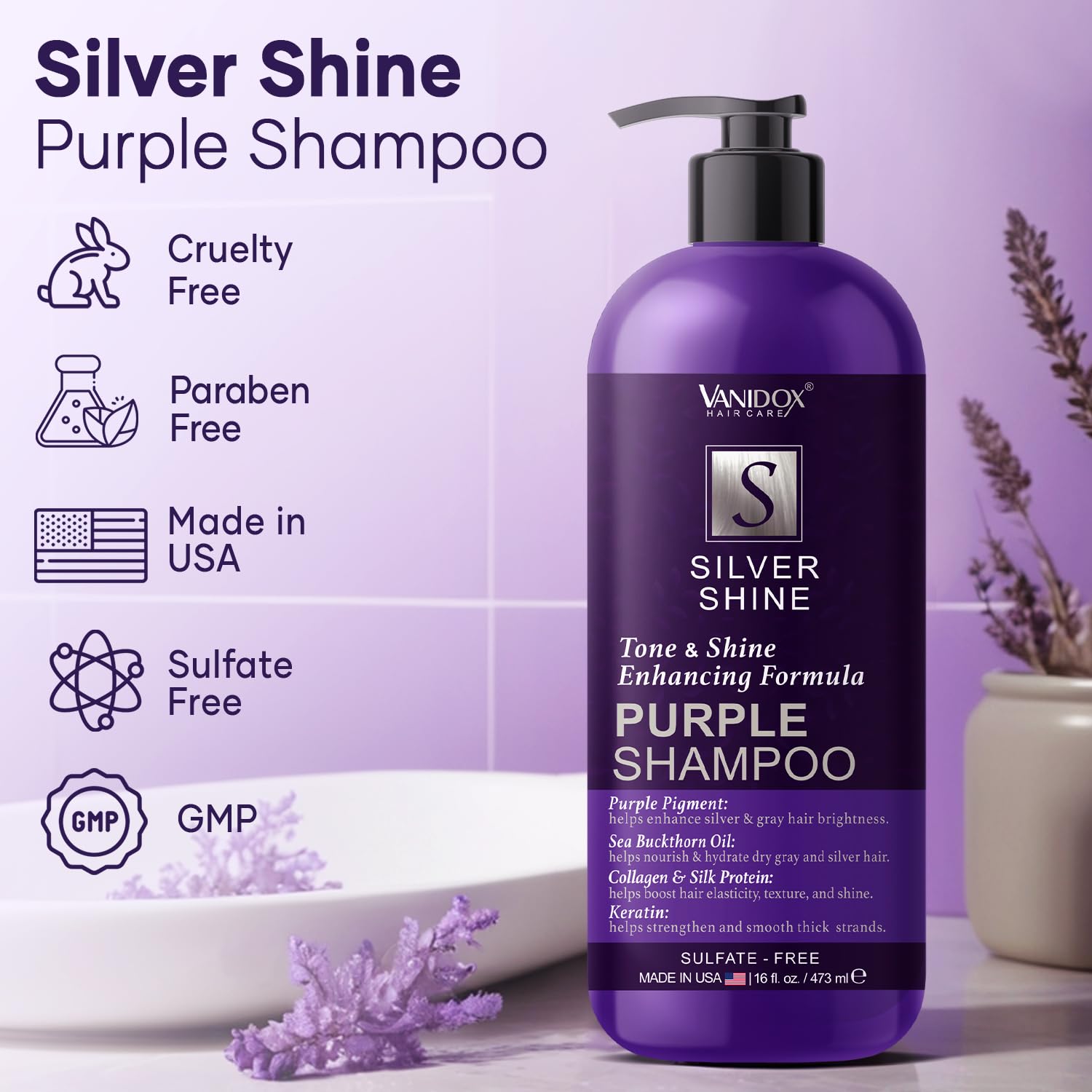Vanidox Sulfate Free Purple Shampoo For Grey And Silver Hair, Brass Toning Purple Shampoo Infused With Purple Pigment, Purple Sh