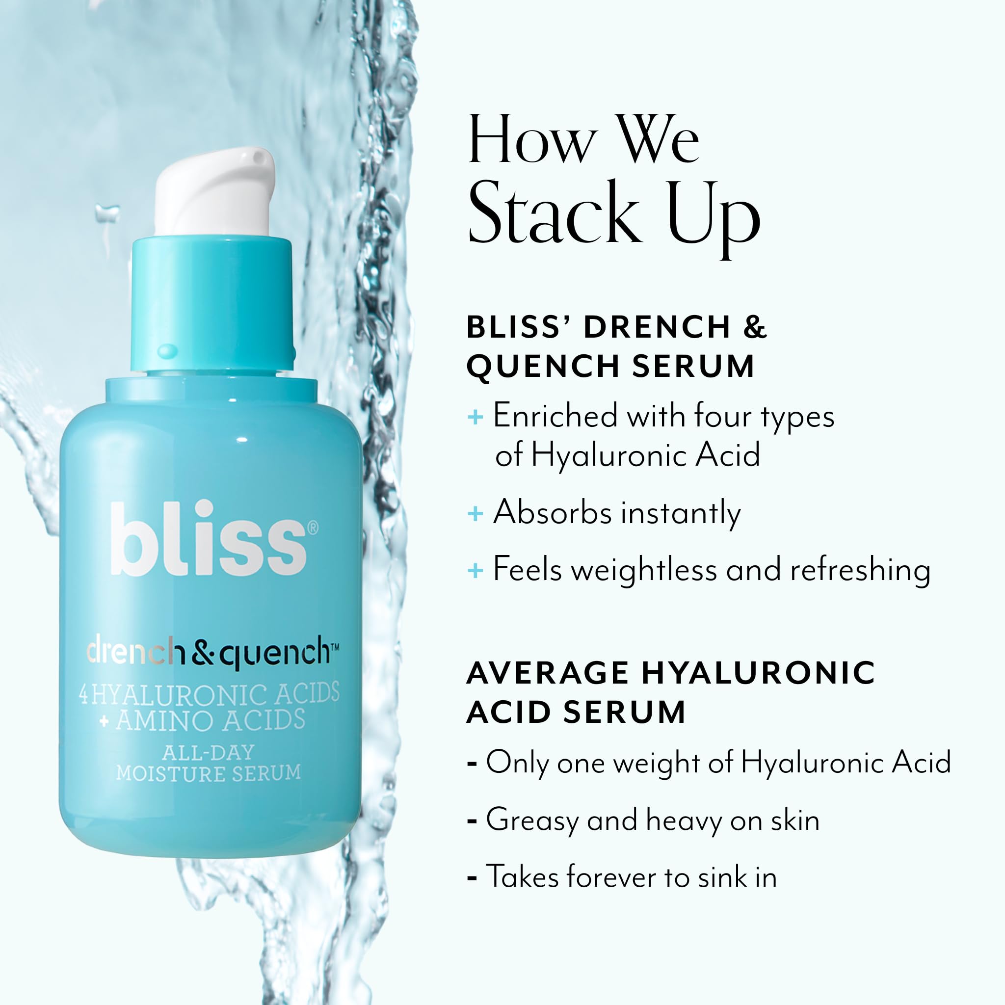 Bliss Drench & Quench Hyaluronic Acid Serum With Amino Acids | Multi-Layer Moisture & Plumping | Lightweight Water-Based Formula
