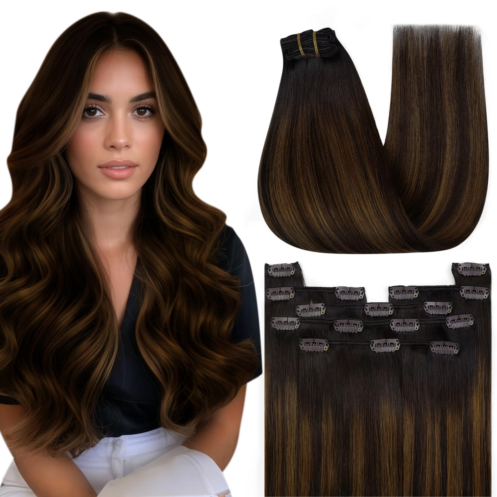 YoungSee 120g Ombre Hair Extensions Clip ins Balayage Clip in Human Hair Extensions Dark Roots to Medium Brown Clip on Hair Exte
