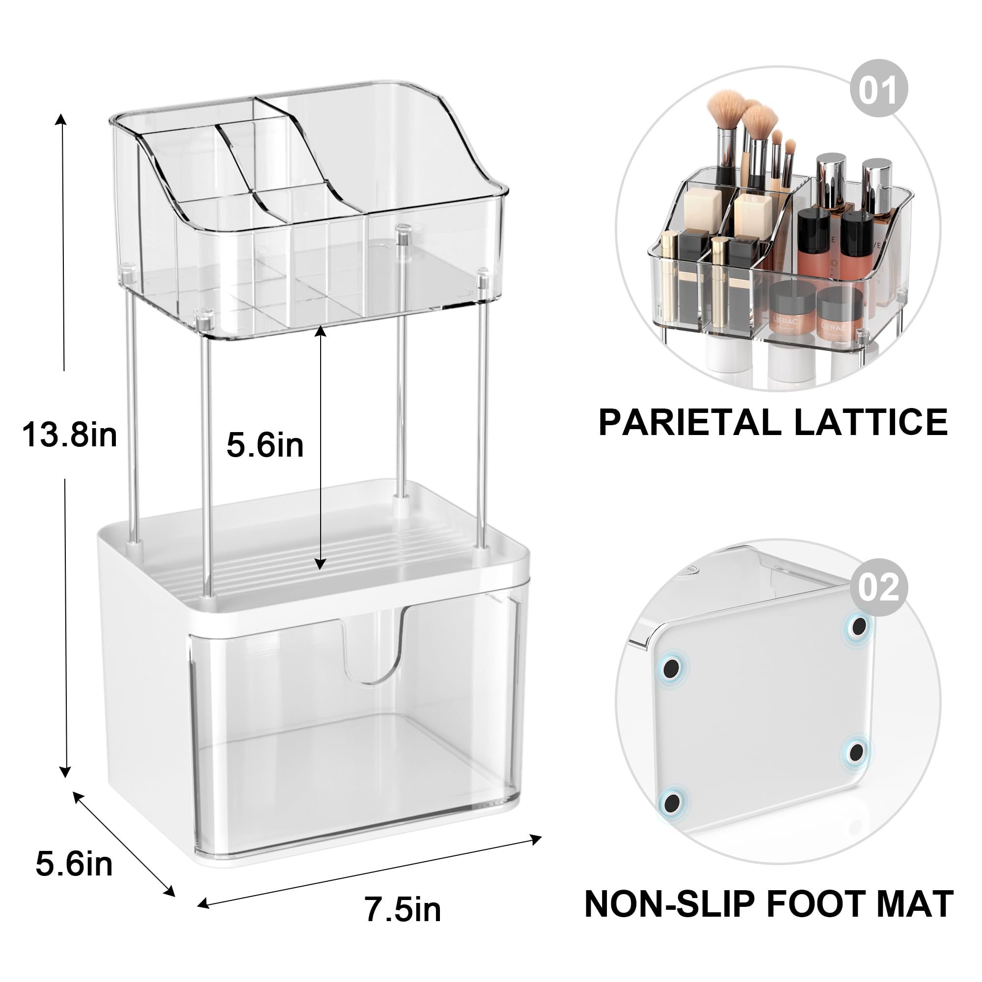 Doadw Bathroom Countertop Organizer With Drawer - 3 Tier Makeup Organizer For Vanity - Medium Clear Multi-Purpose Makeup Skin Ca
