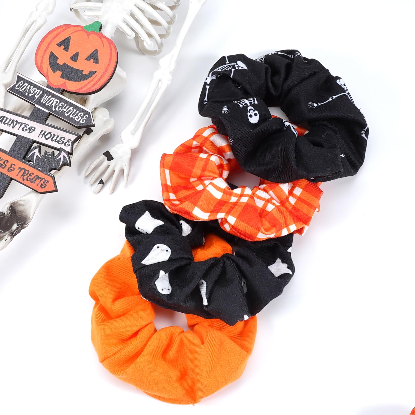 Halloween Hair Scrunchies for Women Girls Spooky Ghost Skull Skeleton Hair Ties Fall Orange Plaid Hair Accessories Gifts Hair Ti