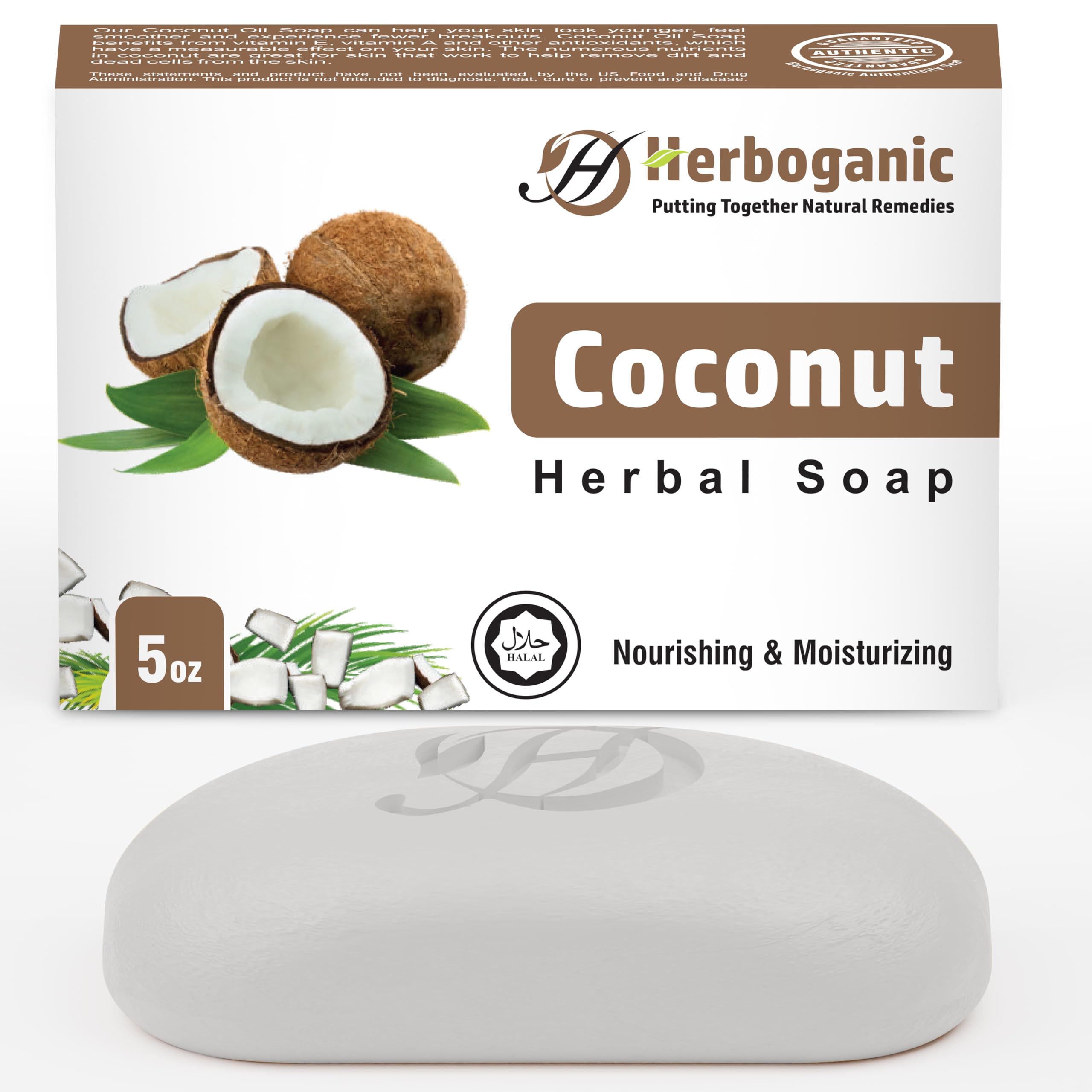 HERBOGANIC Coconut Herbal Soap | Natural Bar Soap for Face and Body | Nourishing and Moisturizing | Infused with Coconut | Gentl