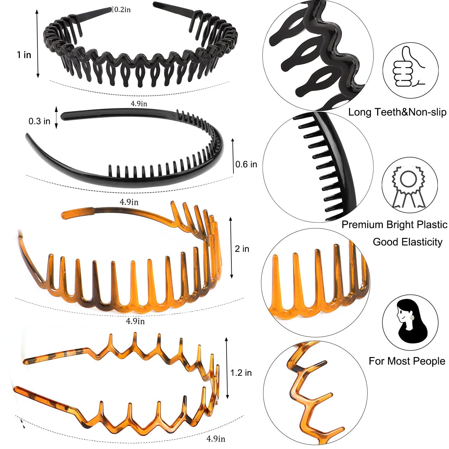 ULTIMUTE 8 PCS Plastic Headbands with Teeth Comb, No Slip Hair Accessories for Women, Men & Girls, Amber&Bright Black