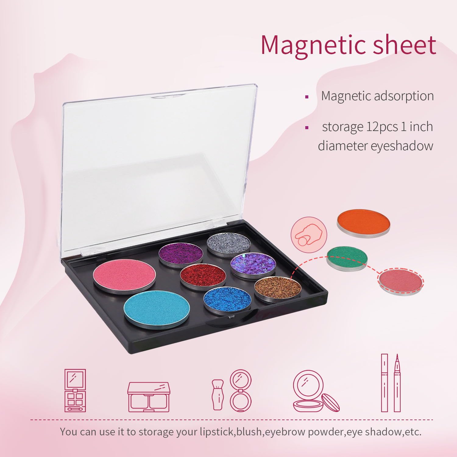 Ajltpa Magnetic Makeup Palette With Clear Top, Empty Eyeshadow Storage Box With 40Pcs Adhesive Metal Stickers For Diy Cosmetics