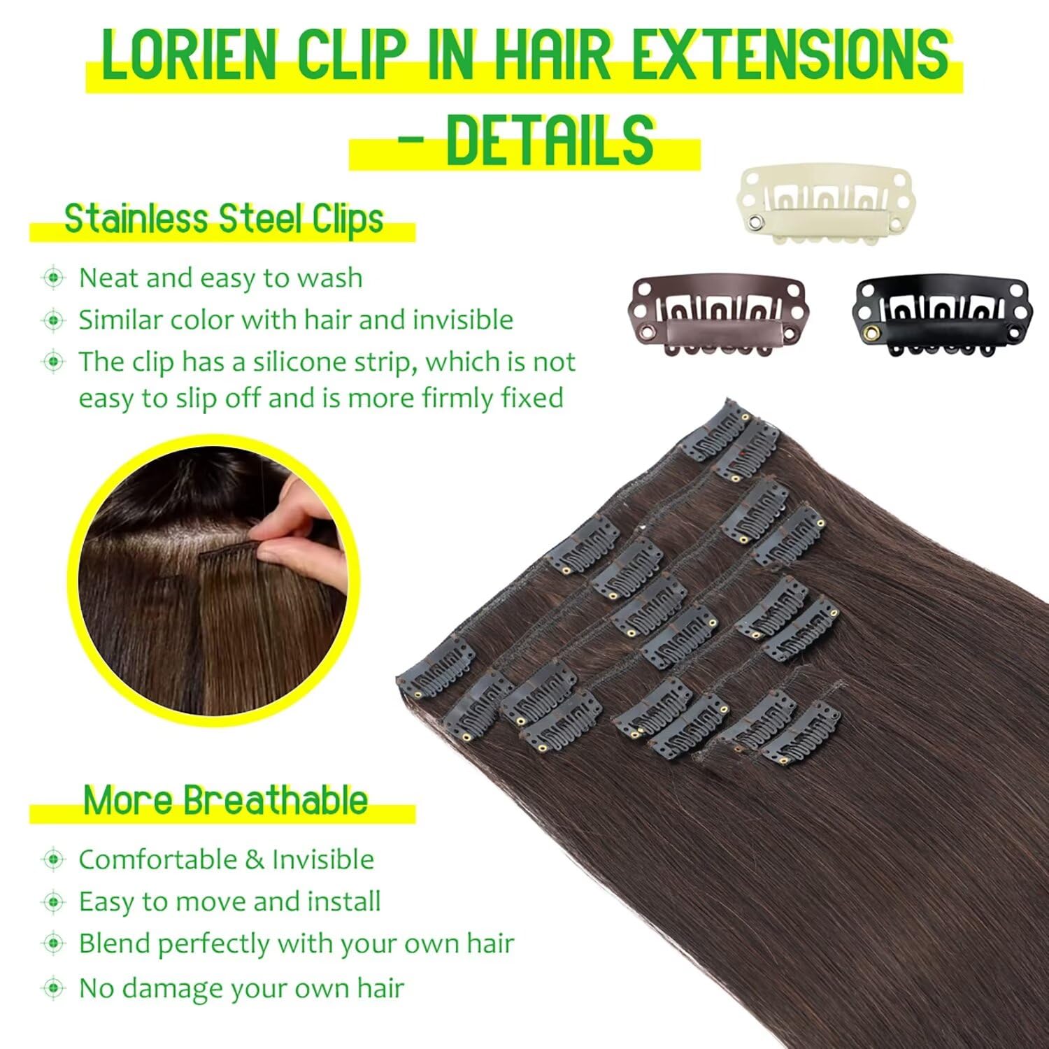 Lorien Clip In Hair Extensions Real Human Hair, 22 Inch 110G, 2 Darkest Brown, Clip In 100% Brazilian Remy Human Hair Extensions