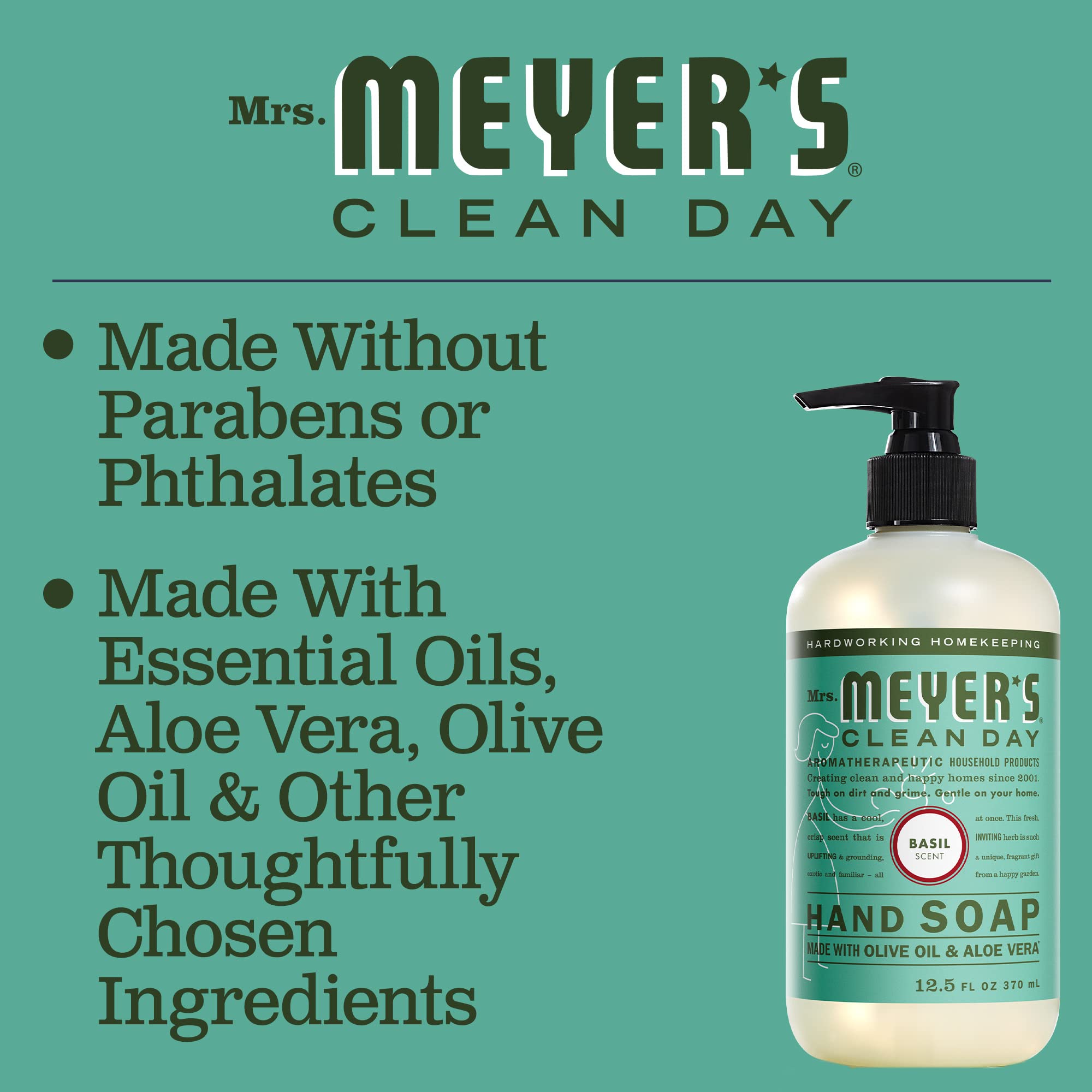 MRS MEYERS cLEAN DAY Hand Soap Refill, Made with Essential Oils, Biodegradable Formula, Basil, 33 fl oz