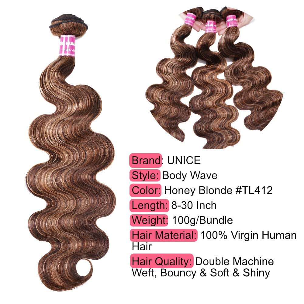 Unice Honey Blonde Highlight Body Wave Human Hair Weave 1 Bundle 26 Inch, Brazilian Remy Hair Dark Root Ombre Blonde Human Hair