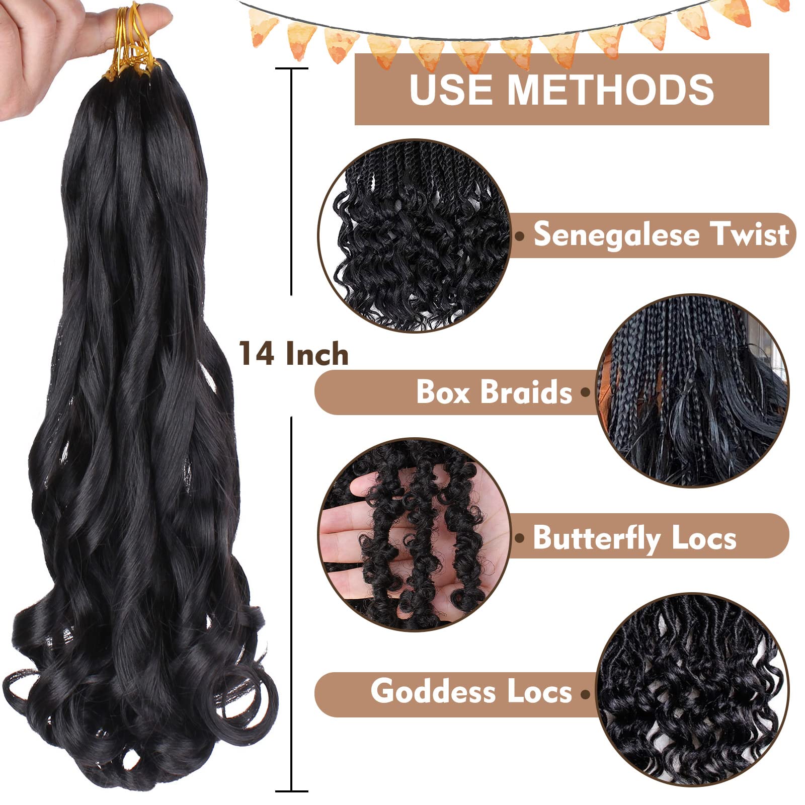 Cookoo 14 Inch 9 Packs French Curls Crochet Hair Pre-Stretched Loose Wave Braiding Hair Ombre 3 Tones Loose Curly Braids Precurl