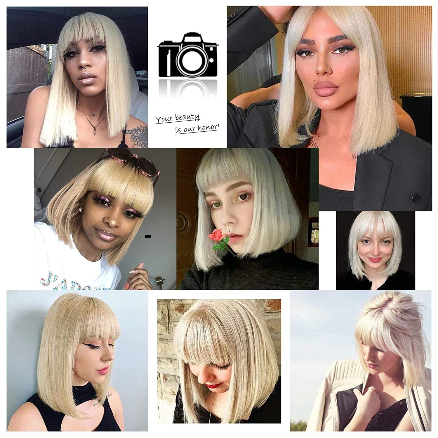 Entranced Styles Blonde Bob Wig With Bangs, Platinum Blonde Wigs For Women Heat Resistant Synthetic Wigs Daily Party Halloween C