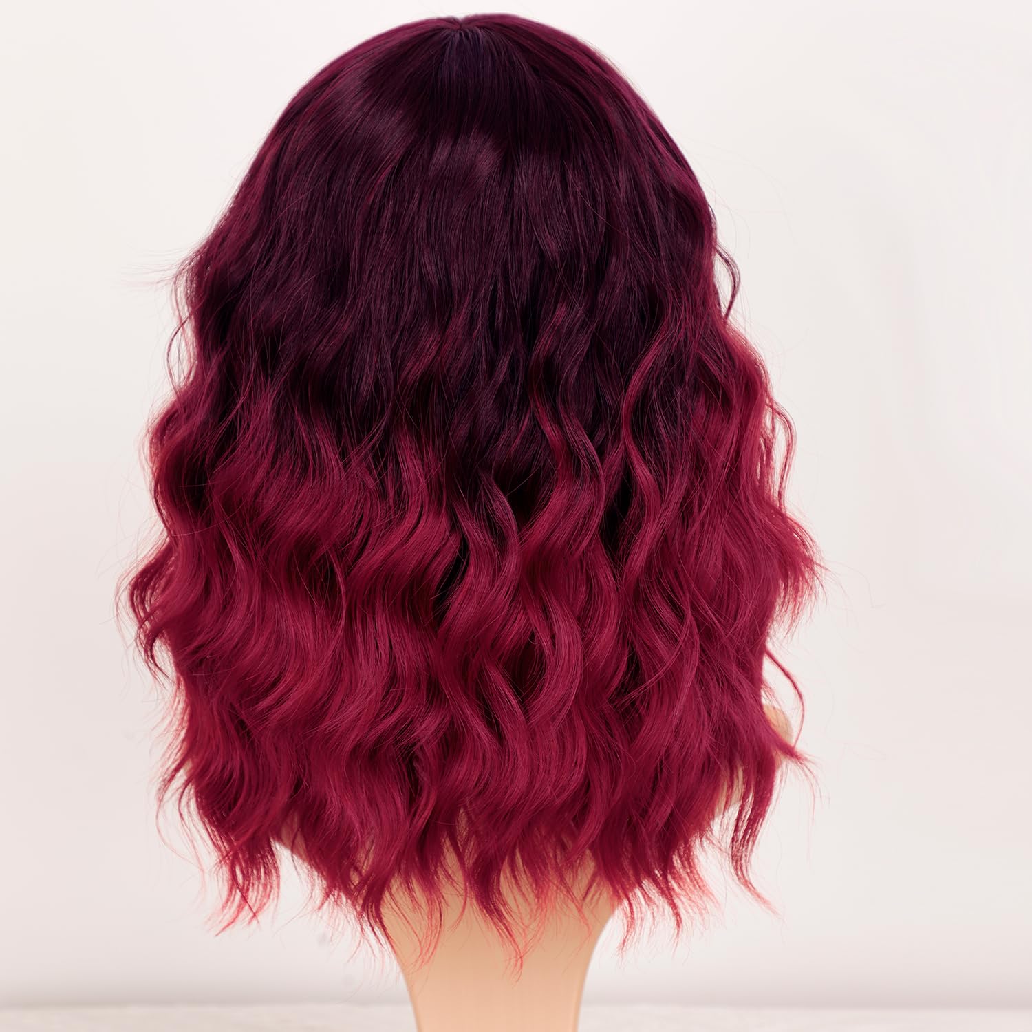 Aisi Hair Synthetic Wavy Curly Bob Wig With Bangs Ombre Dark Red Wig Short Bob Wavy Hair Wigs For Women Synthetic Heat Resistant