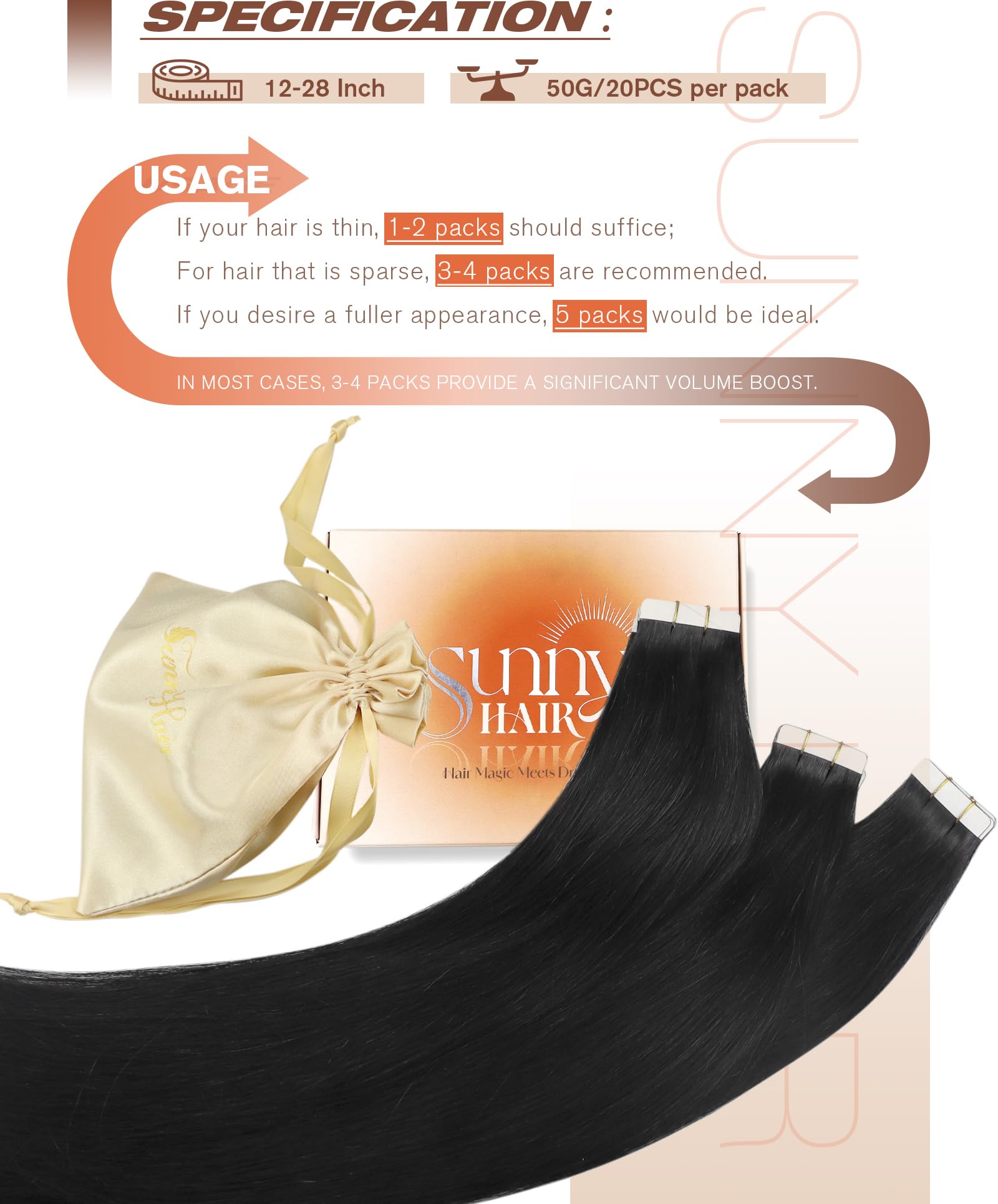 Sunny Hair Tape in Hair Extensions Real Human Hair Invisible Remy Hair Extensions Tape ins for Women Natural Black 14 inch 20Pcs