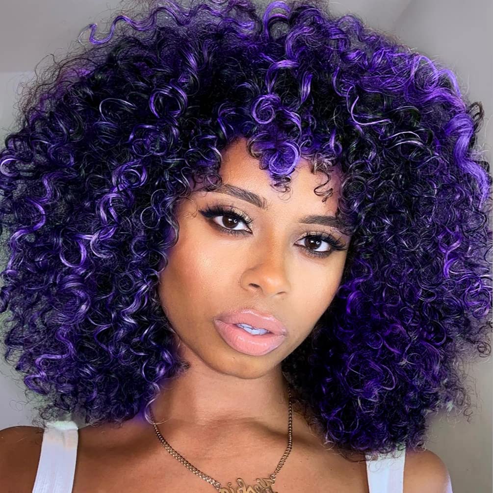 YEAME Curly Wigs for Black Women - Curly Afro Wig with Bangs Purple Mixed Blue Synthetic Hair Afro Curly Wigs with 1 Wig Comb an