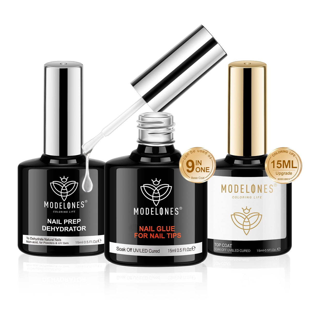 Modelones Nail Glue Gel With Top Coat And Prep Dehydrator 3 Pcs 15Ml 9 In One X Gel Glue Kit For Easy Nail Extension, No Wipe To