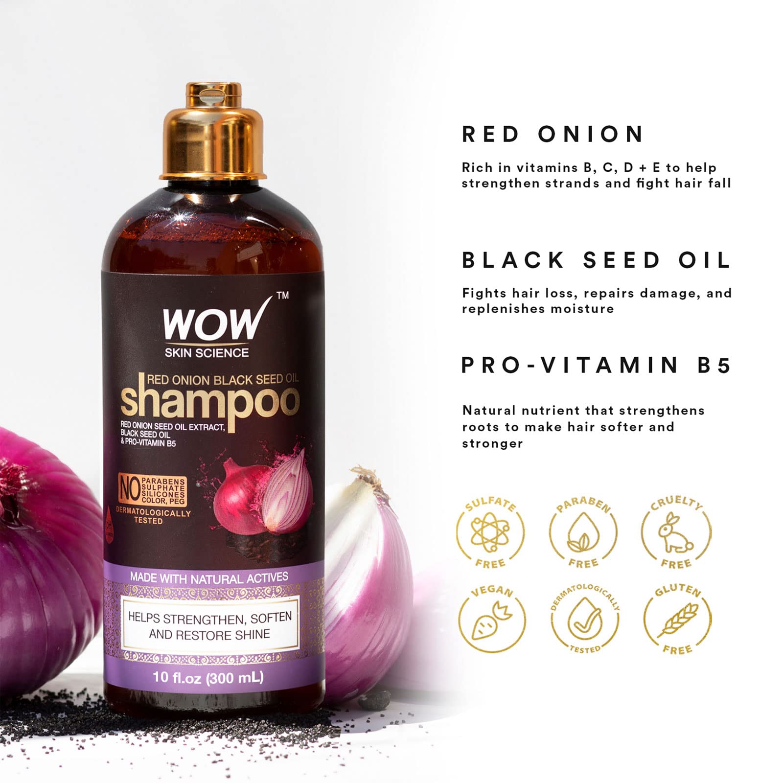 Wow Skin Science Red Onion Black Seed Oil Shampoo Increase Gloss, Hydration, Shine - Reduce Itchy Scalp, Dandruff & Frizz - No P