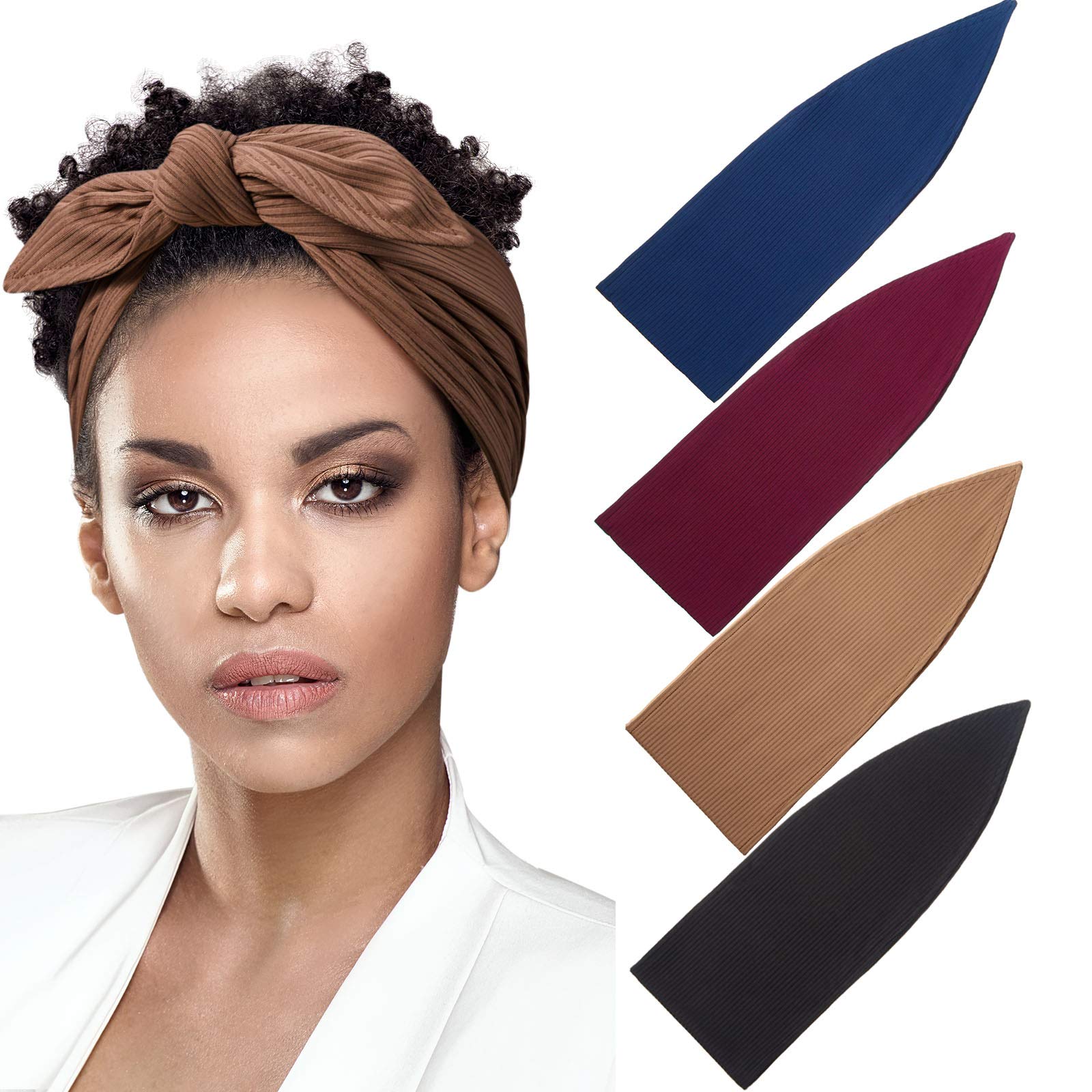 Syhood 4 Pieces Ribbed Headband Ribbed Stretch Bandie Stretchy Hairband Soft Head Wrap Turban Headband Boho Hair Band for Women 