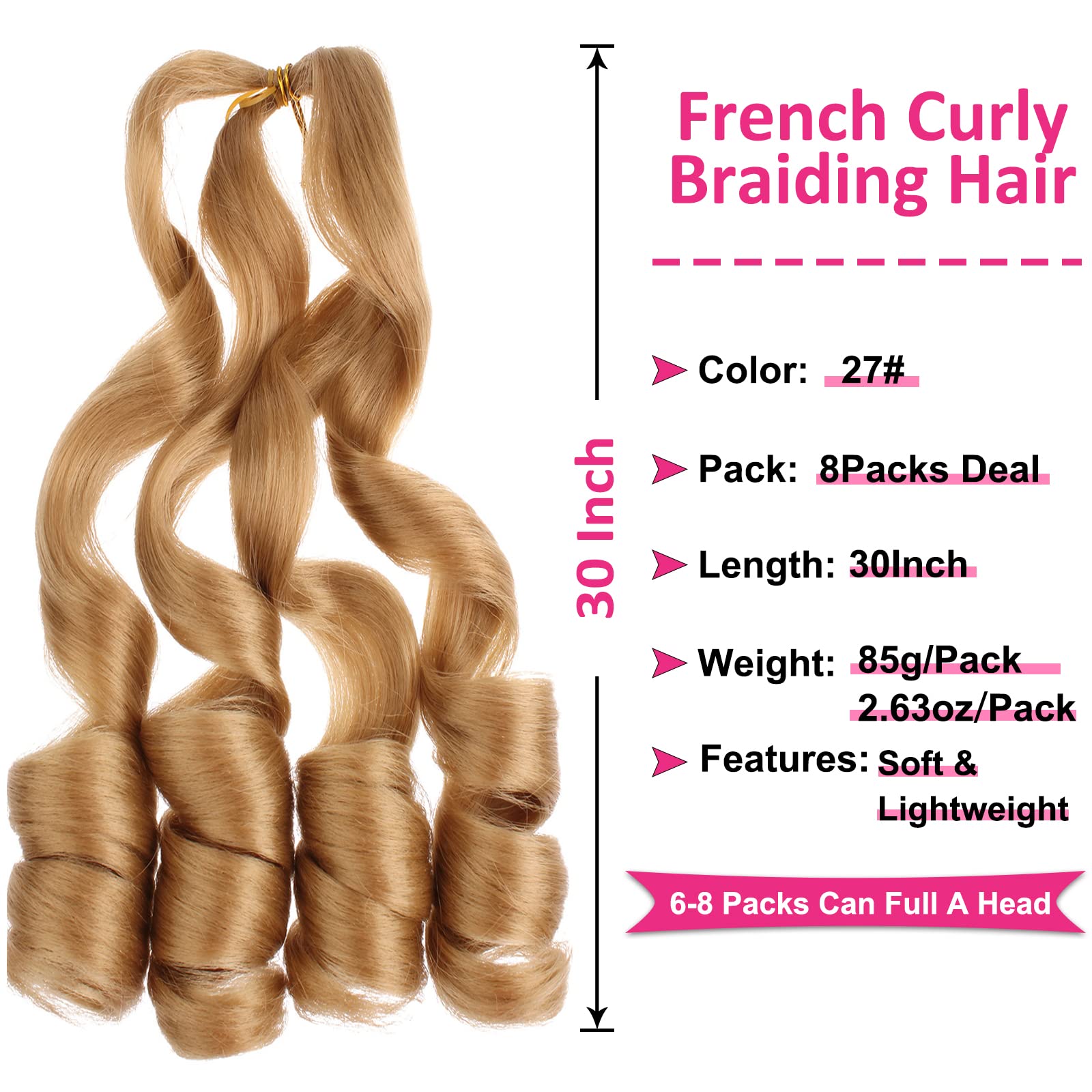 Unionbeauty 30 Inch French Curly Braiding Hair 8 Packs Pre-Stretched Bouncy Braiding Hair Blonde Spanish Curls Braids Loose Wavy
