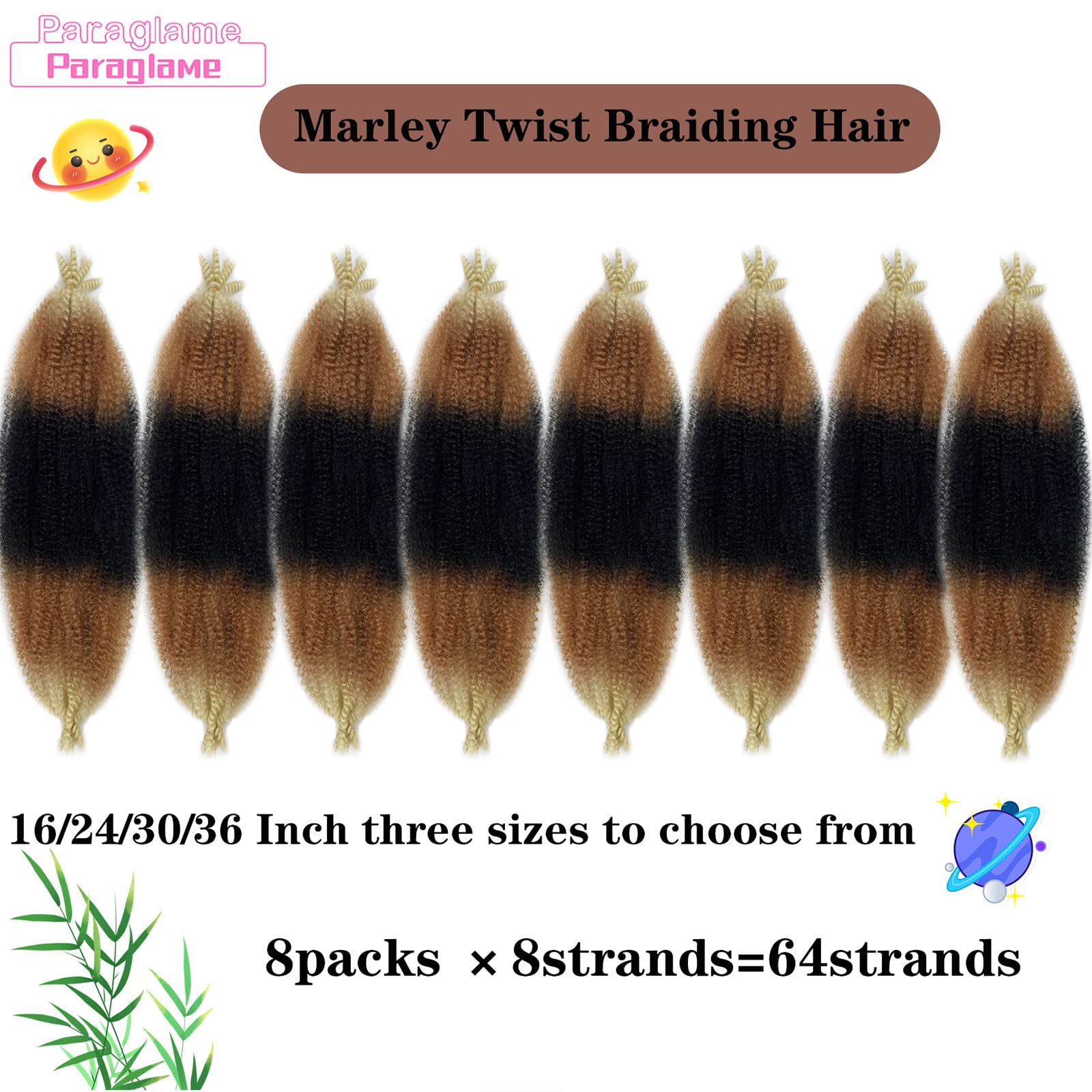 Paraglame Marley Hair 16 Inch Springy Afro Twist Hair 3 Tones Ombre Marley Twist Braiding Hair, Wrapping Hair for Soft Locs Synt