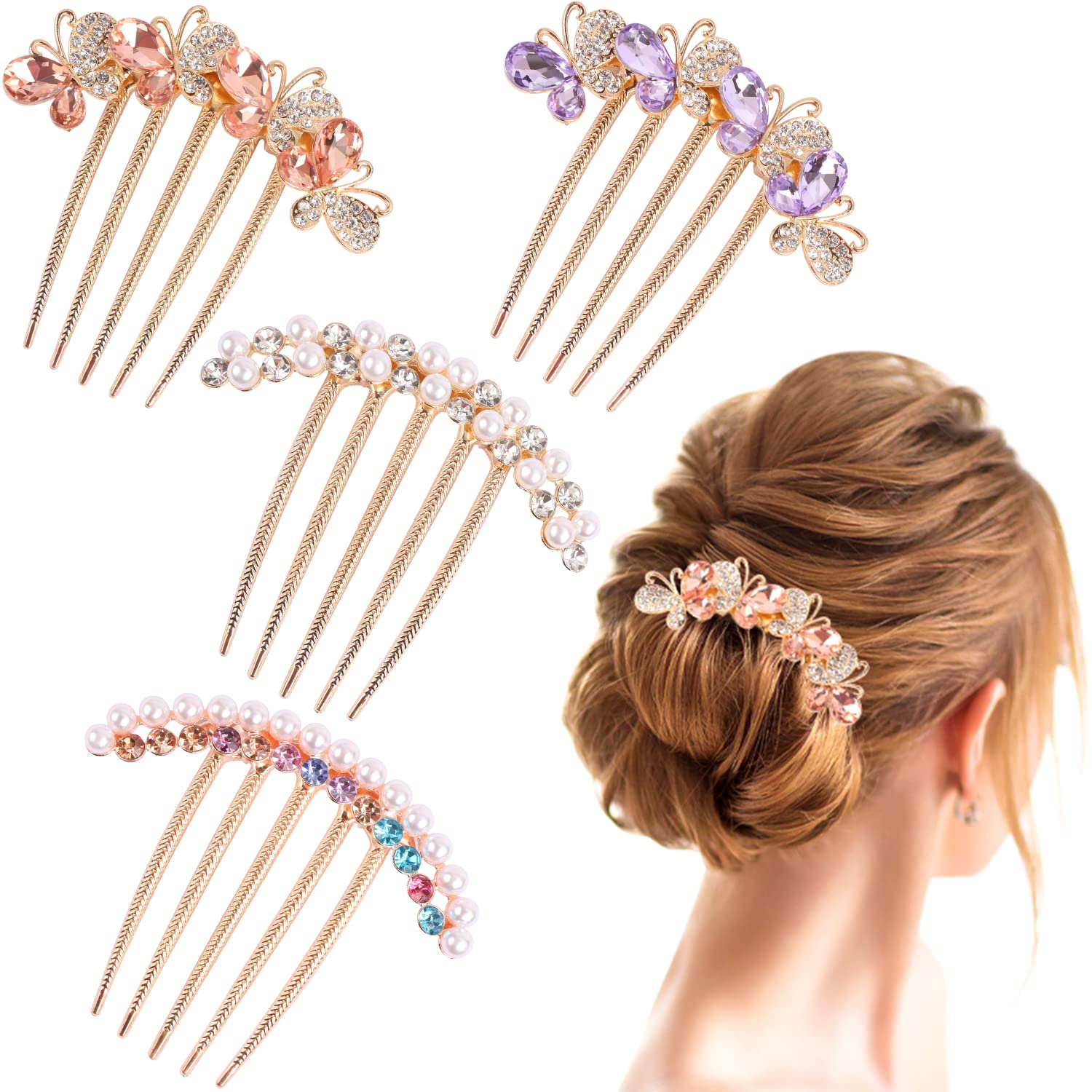 Pearl Rhinestones Hair Accessories - Crystals Butterfly Hair Fork Clips for Updo Buns, Decorative French Twist Hair Pins, Vintag