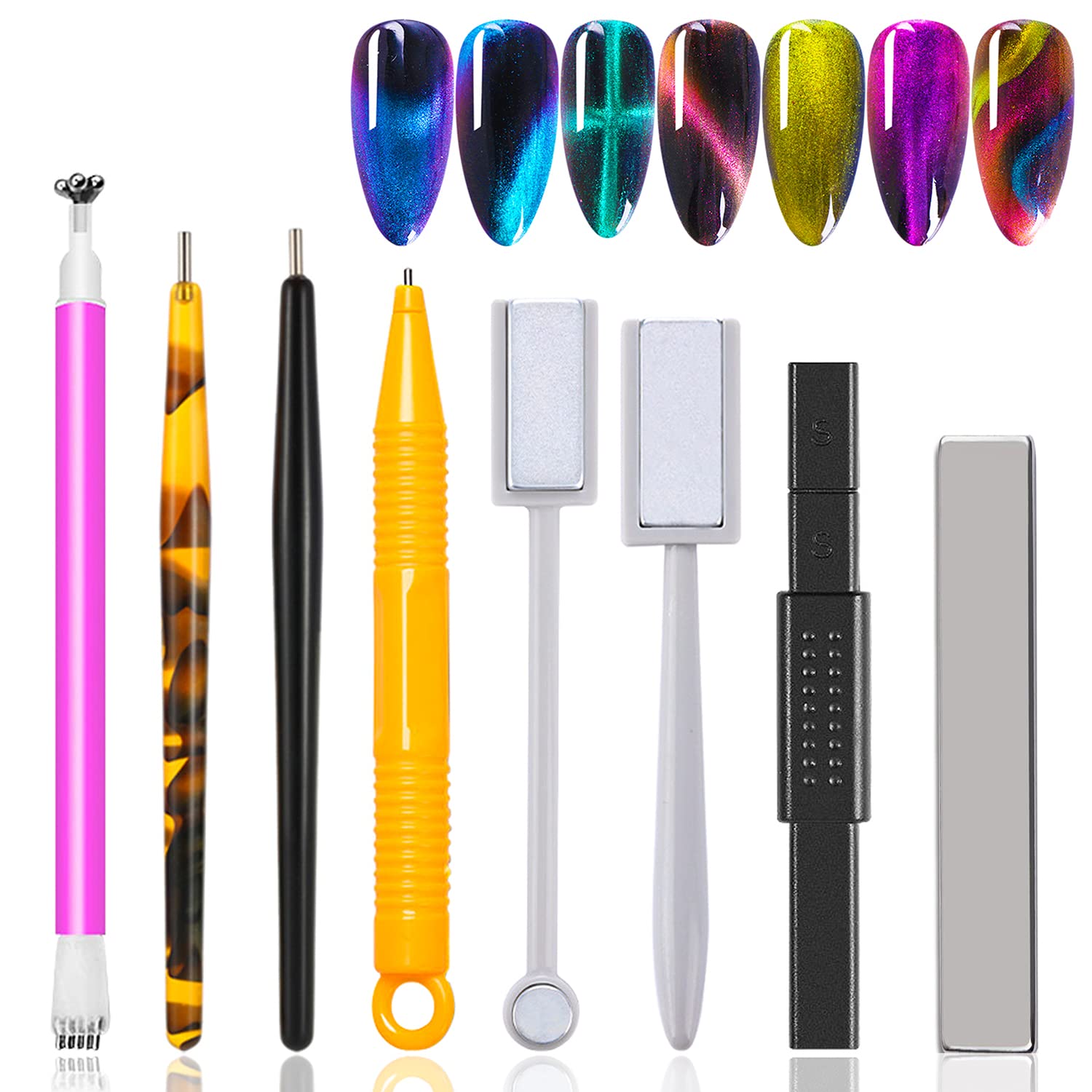 Xeaohesy 8 Pieces Cat Eye Nail Magnet Tools Double-Head Flower Design Multi-Function Magnet Board Magnet Stick Nail Magnet Pens