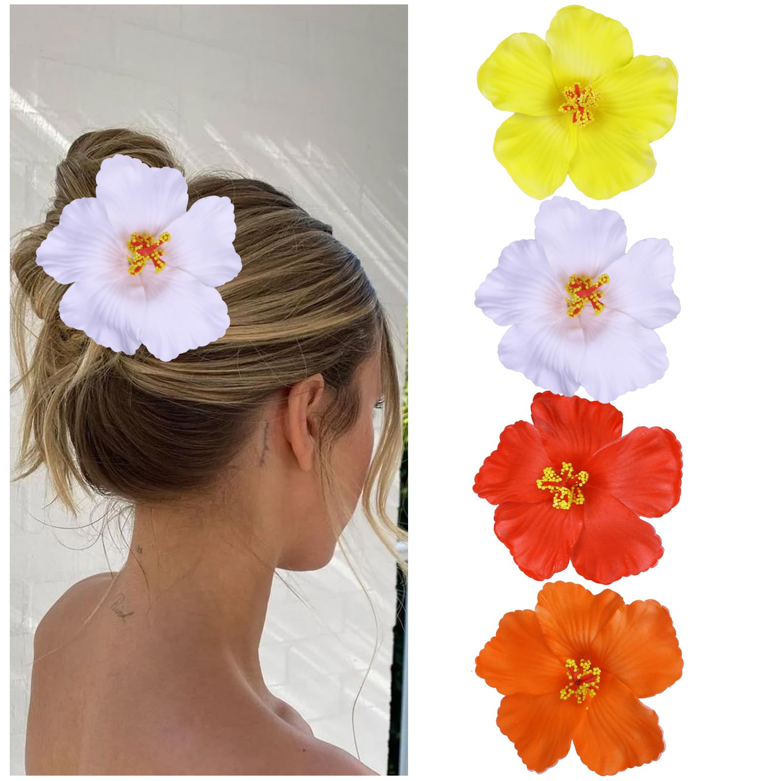 Vodolo Hawaiian Flower Hair Clips for Women,4Pcs 3.5 Inch Artificial Flower Clips,Plumeria Hibiscus Hairclip for Beach Party,Cut