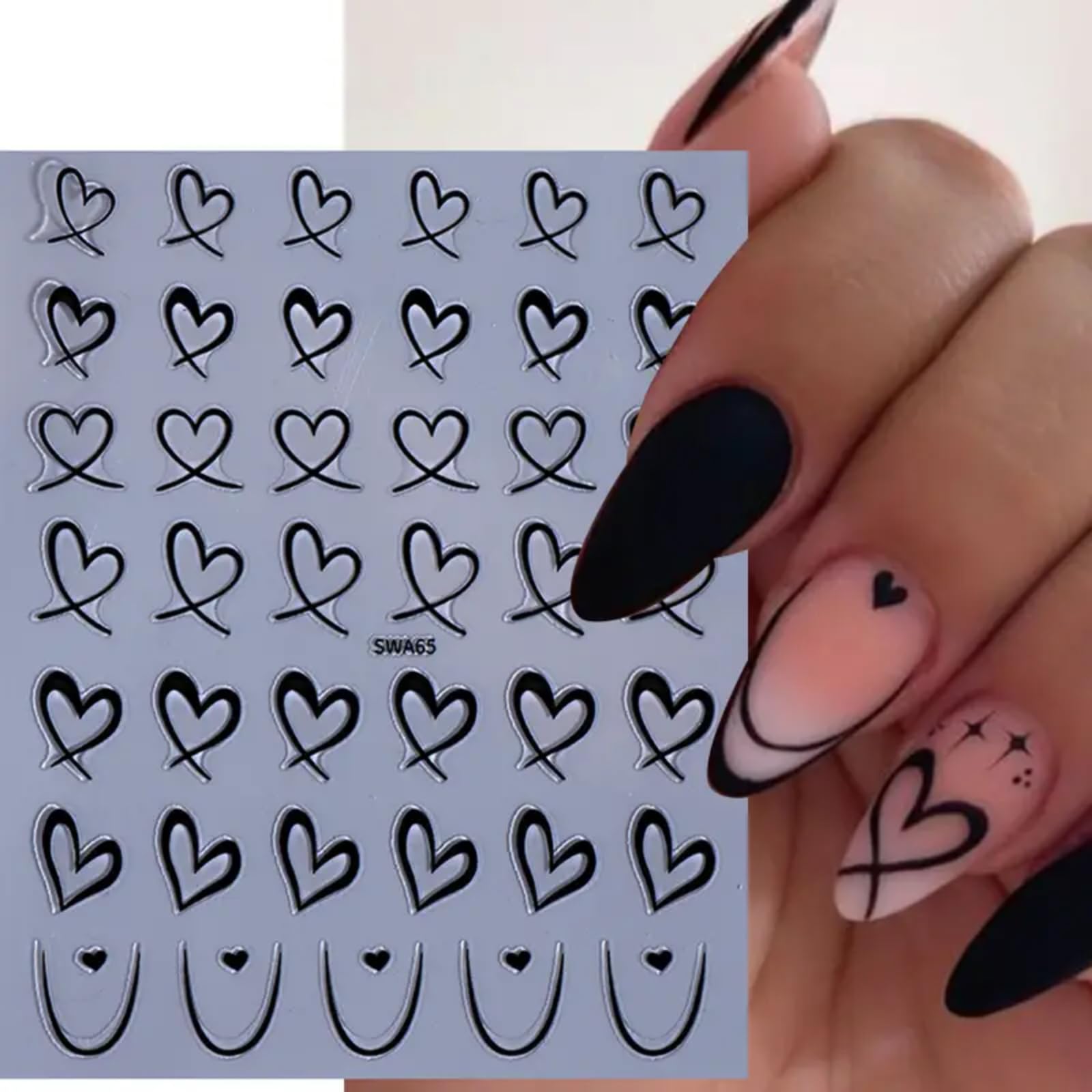 6 Sheets Heart Nail Stickers Valentines Day Nail Art Stickers 3D White Pink Black Love Nail Decals Self Adhesive Simple French H