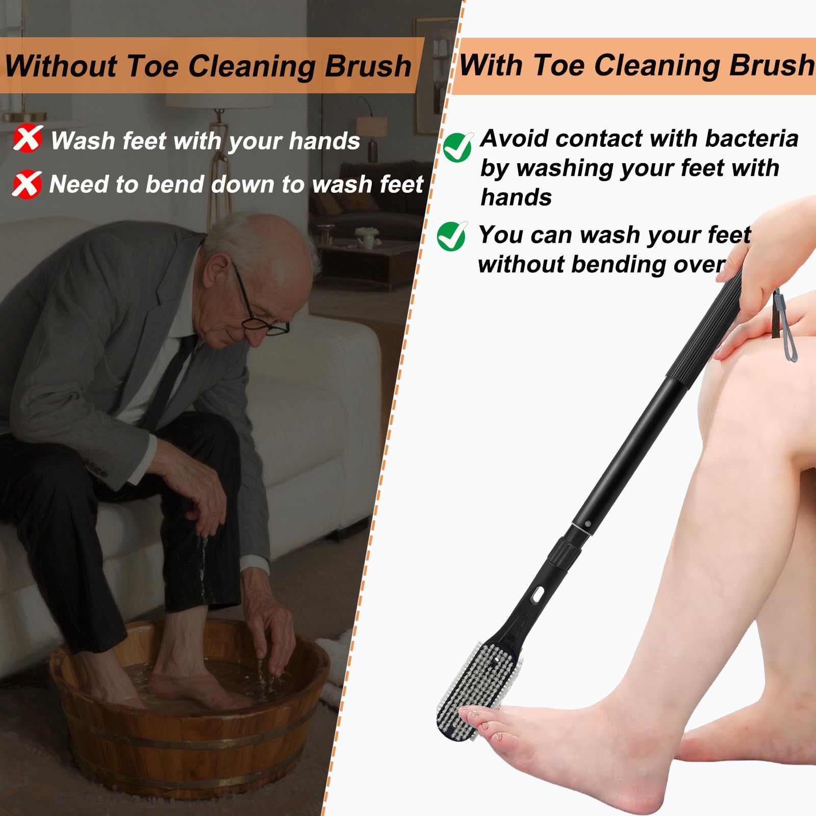 Gobiteli Toe Cleaning Brush Long Handle, 18.8 -25.9  Telescopic Long Handle Foot Scrubber Dead Skin Remover,Foot File for Feet C