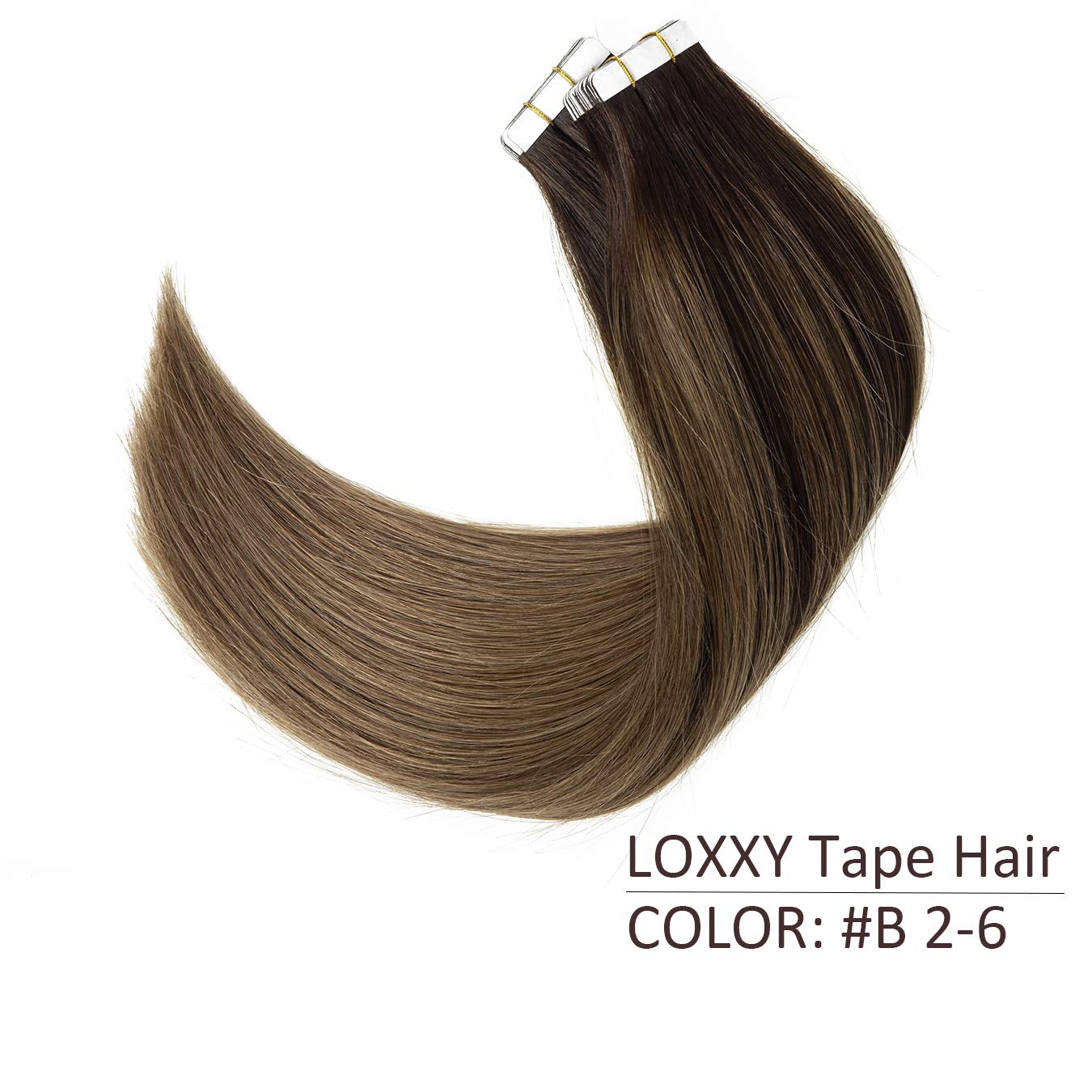 Loxxy Tape In Hair Extensions Natural Hair Dip Dyed Balayage #2-6 Darkest Brown Mixed With Medium Brown Double Sided Seamless Pu