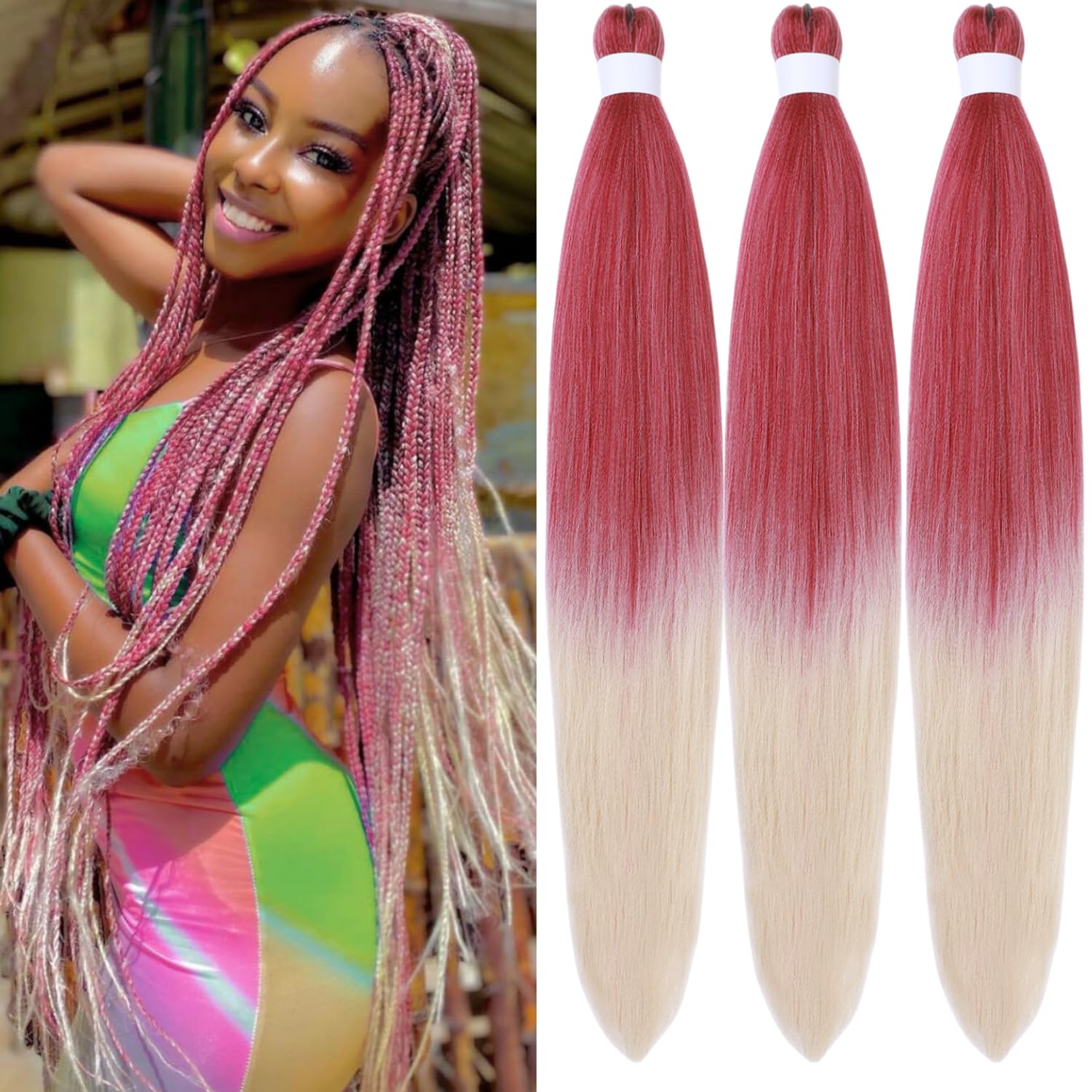 Ombre Blonde Braiding Hair ez braid pre stretched hypoallergenic braiding hair Extensions for Knotless Box Braids 3 Packs