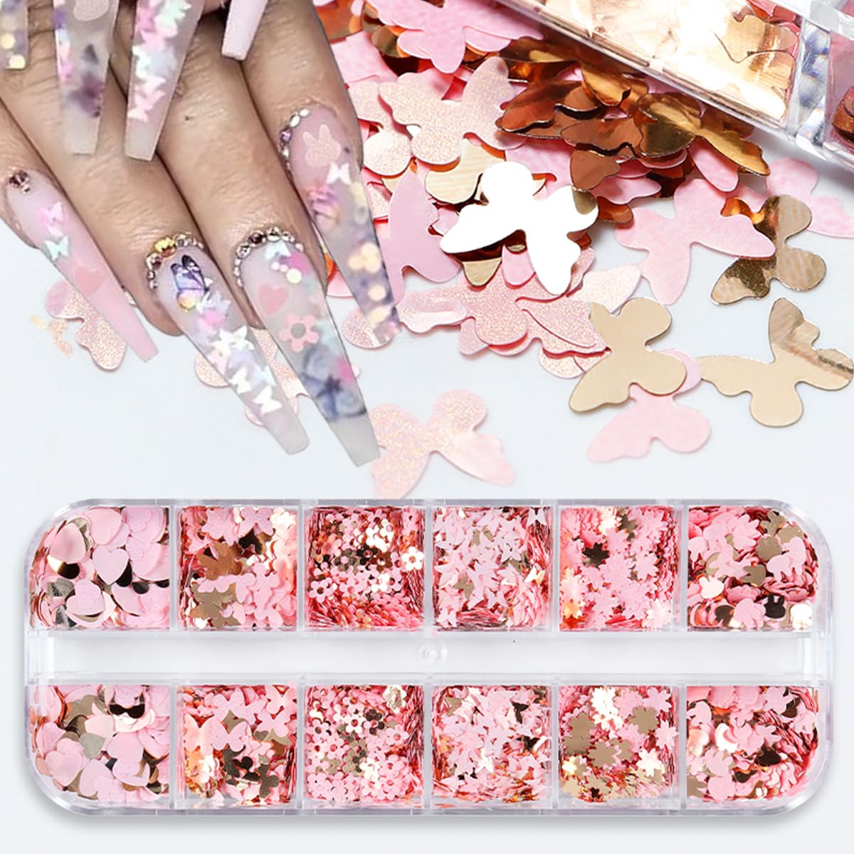 12Grids Valentine'S Day Nail Glitter Sequins Holographic Gold Pink Heart Nail Art Glitter Flakes 3D Flower Rabbit Butterfly Char