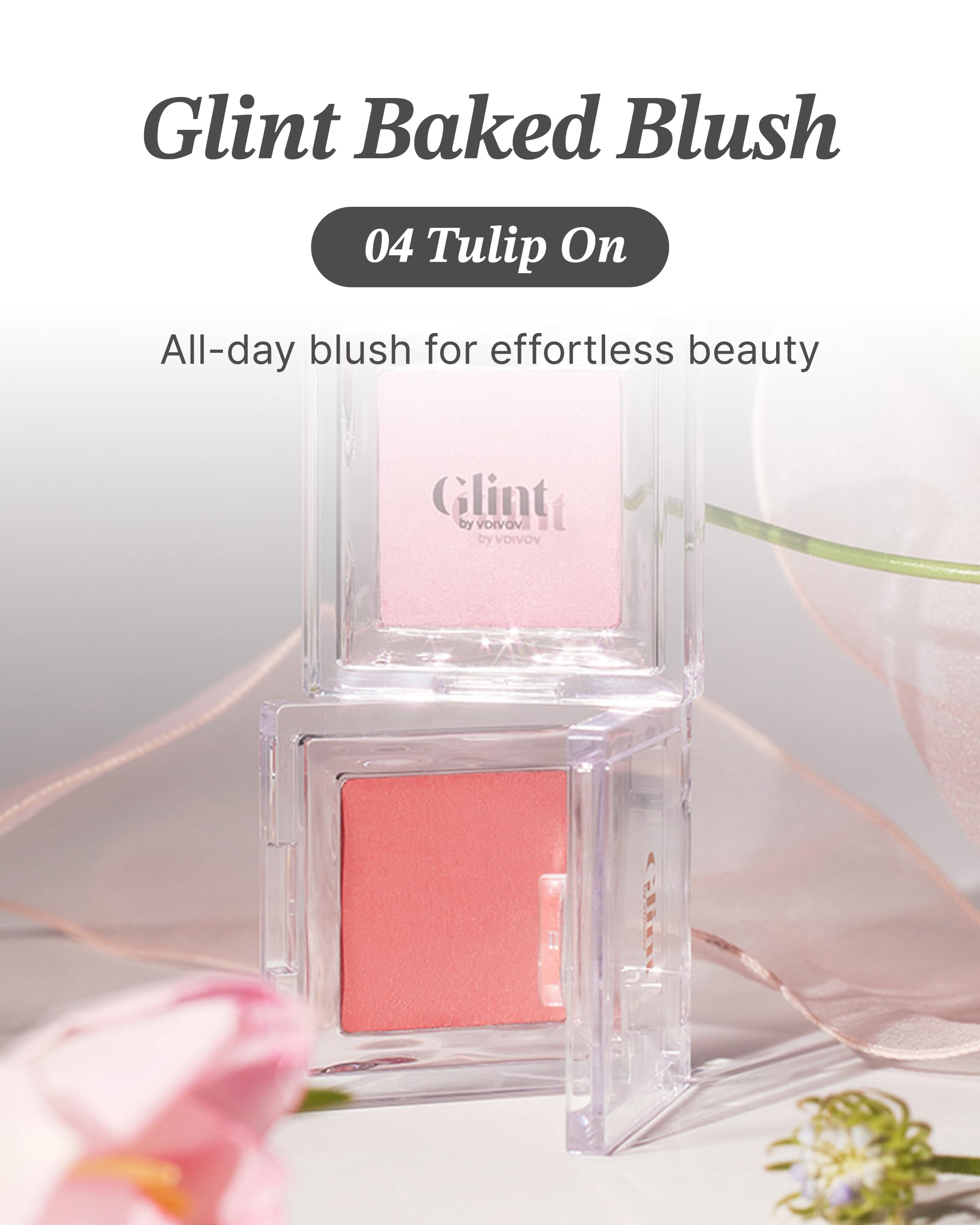 Glint Baked Blush (Tulip On, 0.08oz) - Long-Lasting, All-Day Face Blush Powder for a Natural Look. Korean Skin Care, Korean Make