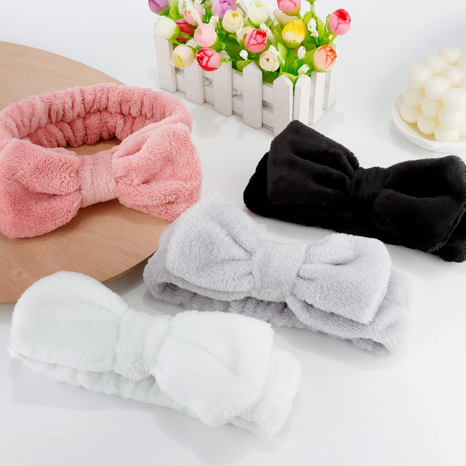 Tihebax Spa Headband - 4 Pack Super Soft Microfiber Makeup Headband For Women Girls Elastic Bow Hair Band For Face Washing Showe