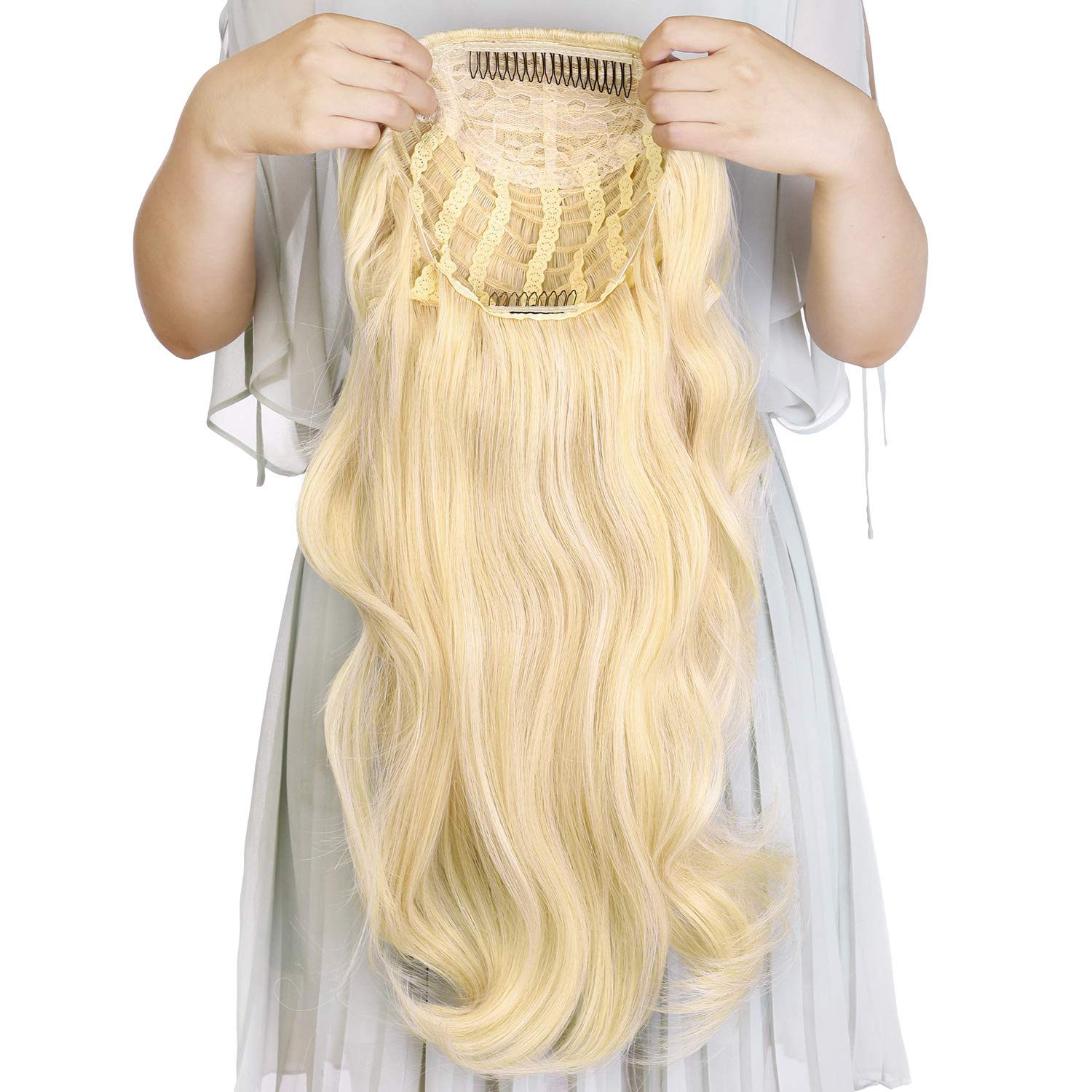 24'' Long Wavy Clip in Half Head Tied Wig Blonde Premium Japanese Synthetic Kanekalon fibers Hair Extensions For Women 210g 8#