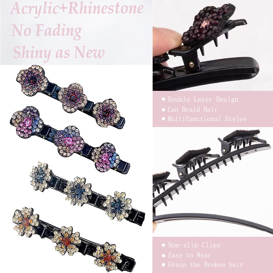 Sparkling Crystal Stone Braided Hair Clover Clips for Thick Thin Hair, Girls / Women Hair Accessories for Styling Sectioning, La