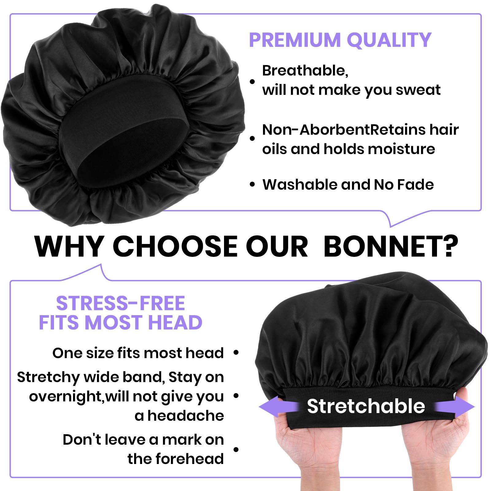 Wllhyf Silk Bonnet For Men, Satin Bonnet Double Layer Elastic Band Silk Sleep Cap Black Soft Adjustable Hair Cap Hair Wrap Large