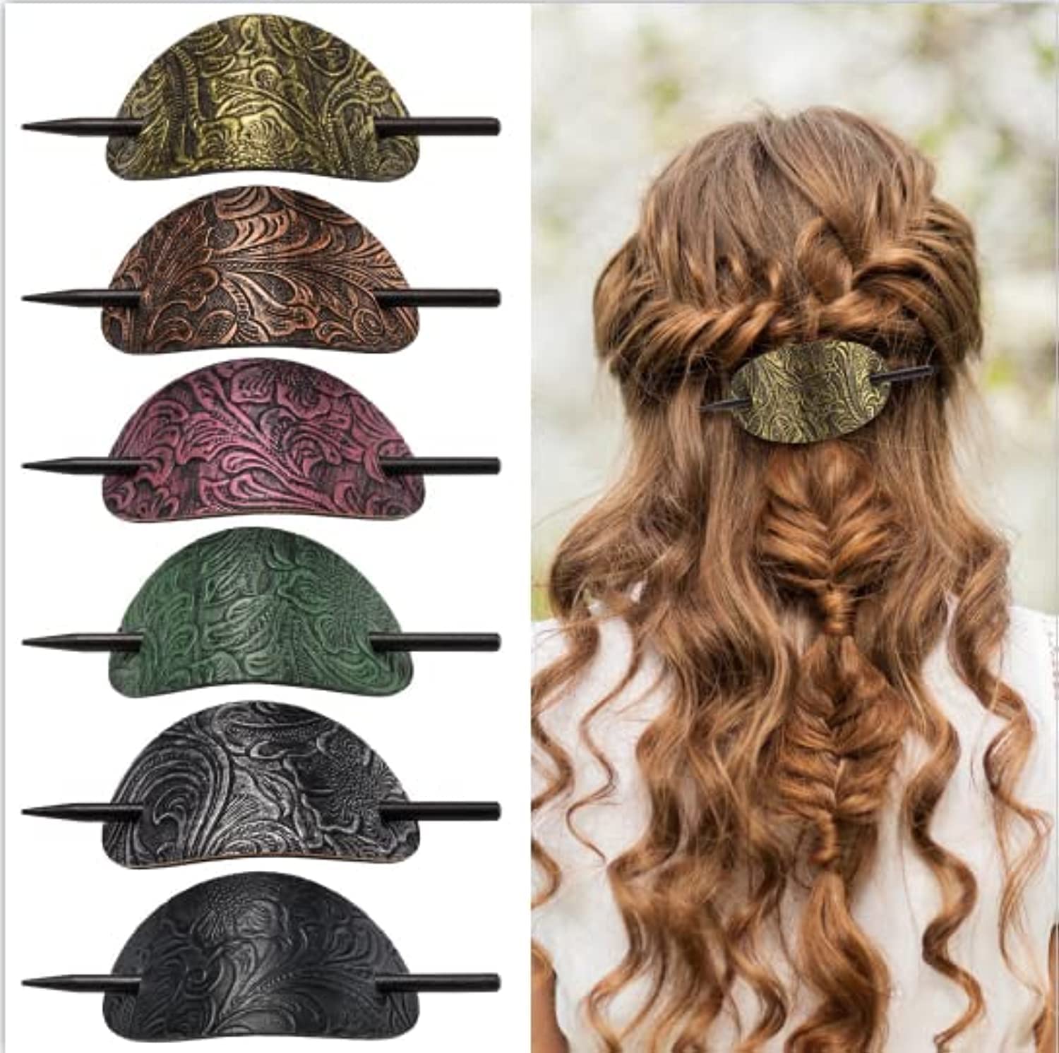 Noverlife 6PCS Hair Barrette with Stick, Faux Leather Oval Shape Hair Clips Hair Slider Pin Ponytail Holders, Bohemian Style Hai